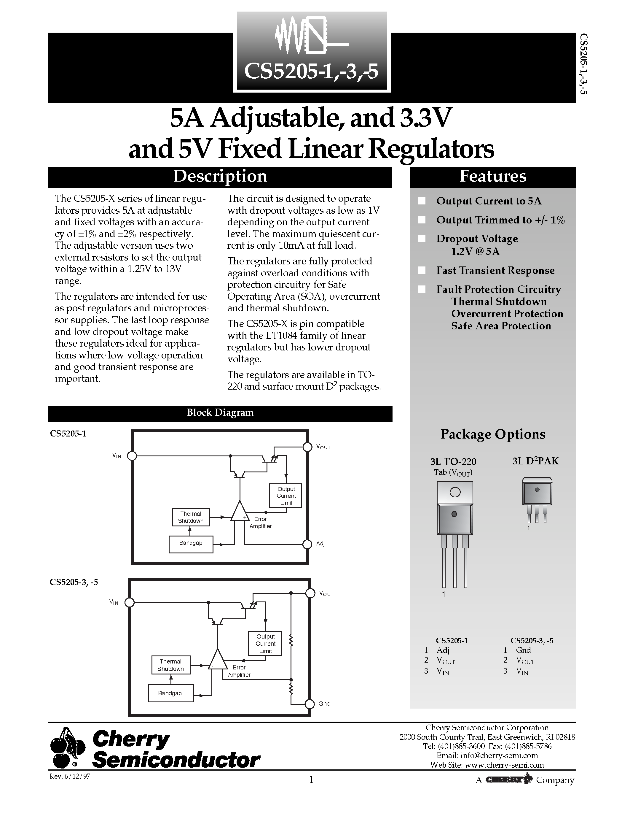 Даташит CS5205-1 - 5A Adjustable/ and 3.3V and 5V Fixed Linear Regulators страница 1
