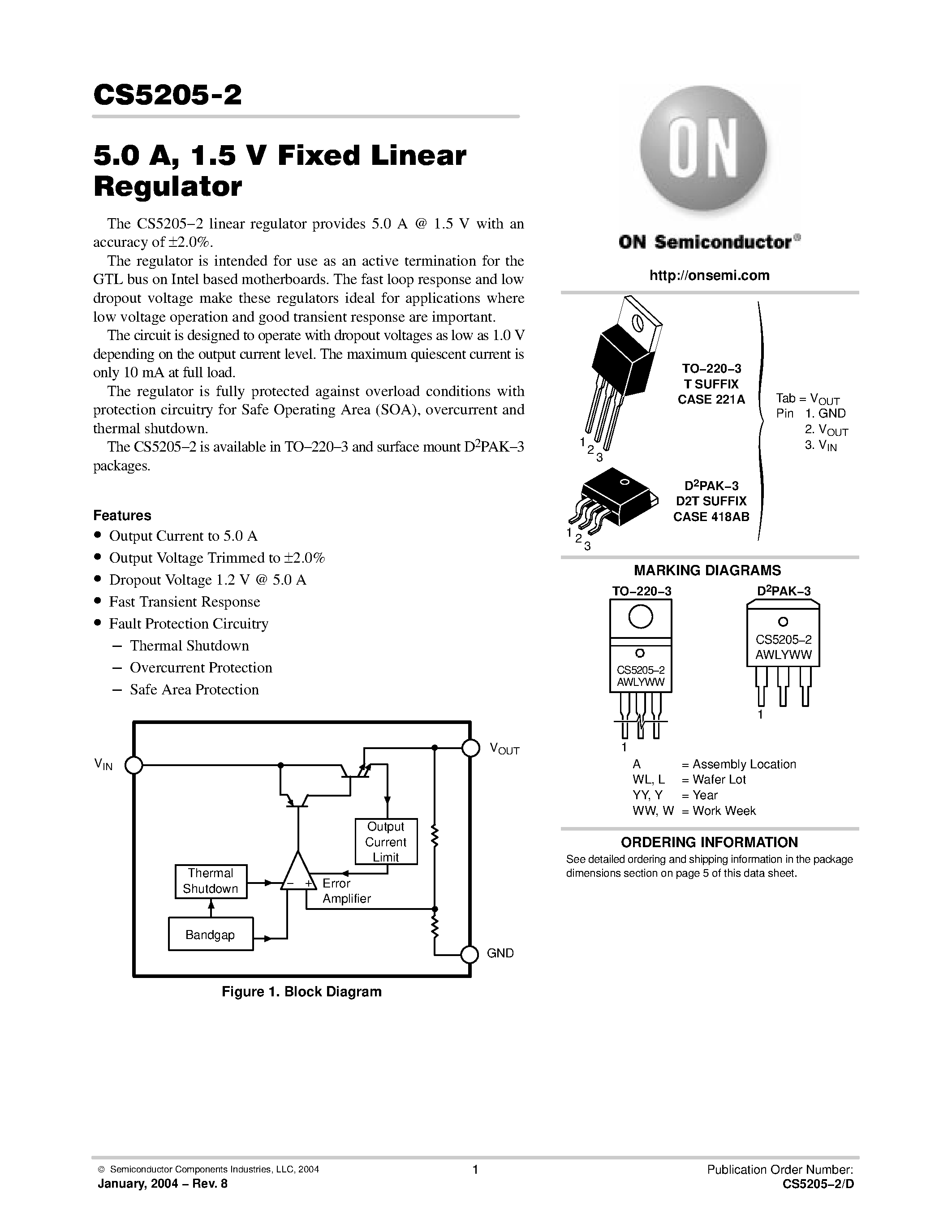 Datasheet CS5205-2 - 5.0 A/ 1.5 V Fixed Linear Regulator page 1