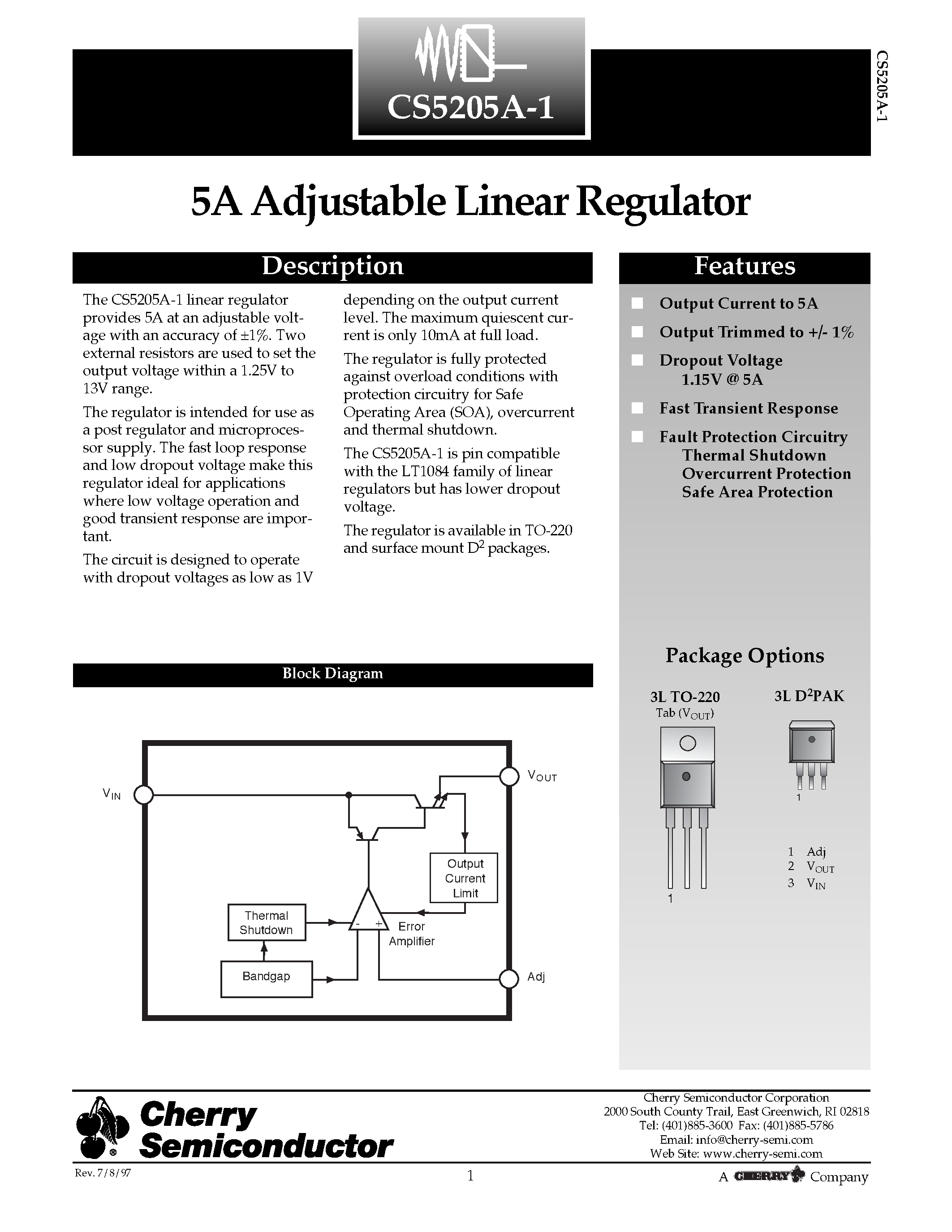 Даташит CS5205A-1 - 5A Adjustable Linear Regulator страница 1