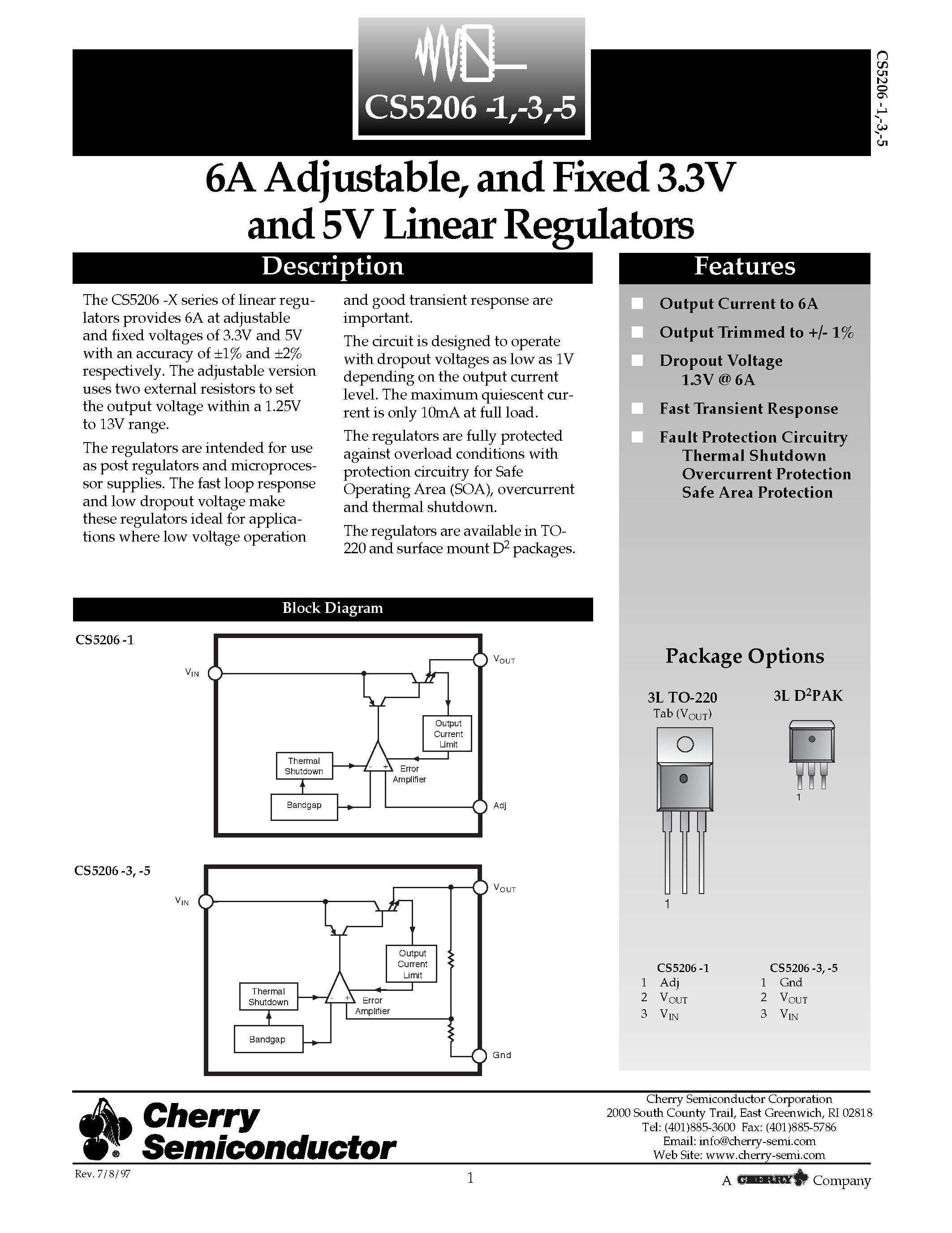 Даташит CS5206-1 - 6A Adjustable/ and Fixed 3.3V and 5V Linear Regulators страница 1
