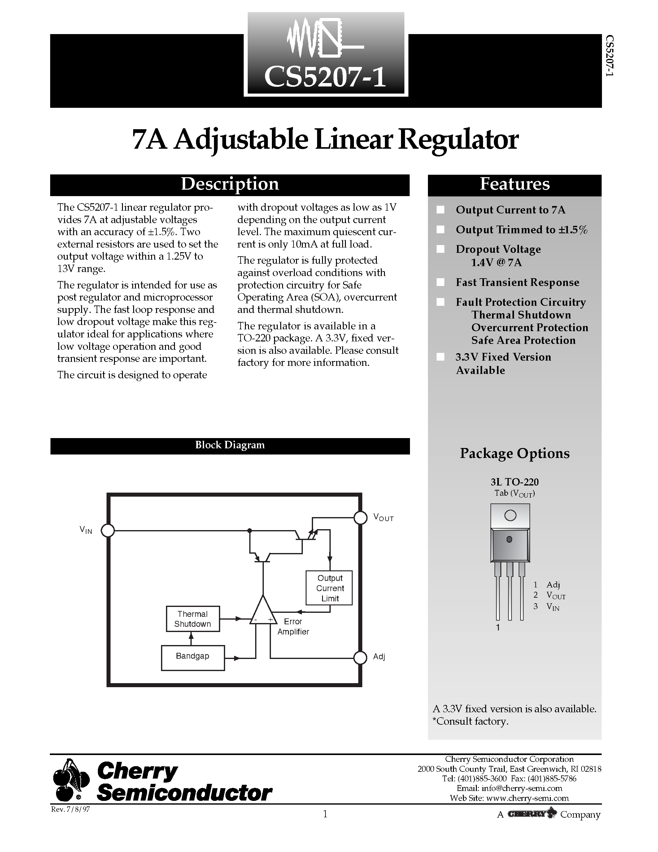 Даташит CS5207-1 - 7A Adjustable Linear Regulator страница 1