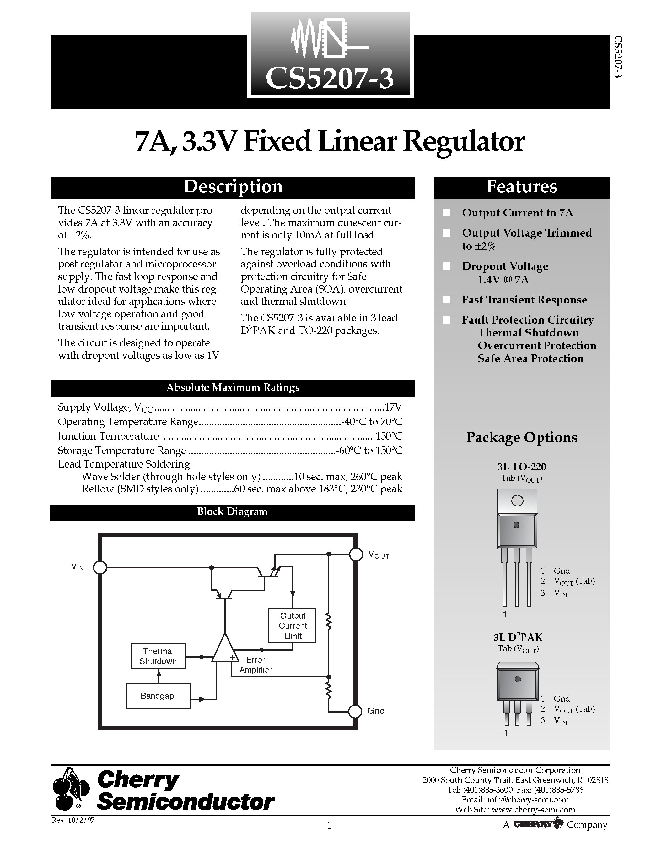 Datasheet CS5207-3GDPR3 page 1 Datasheet CS5207-3GDPR3 - 7A/ 3.3V Fixed Linear Regulator page 1