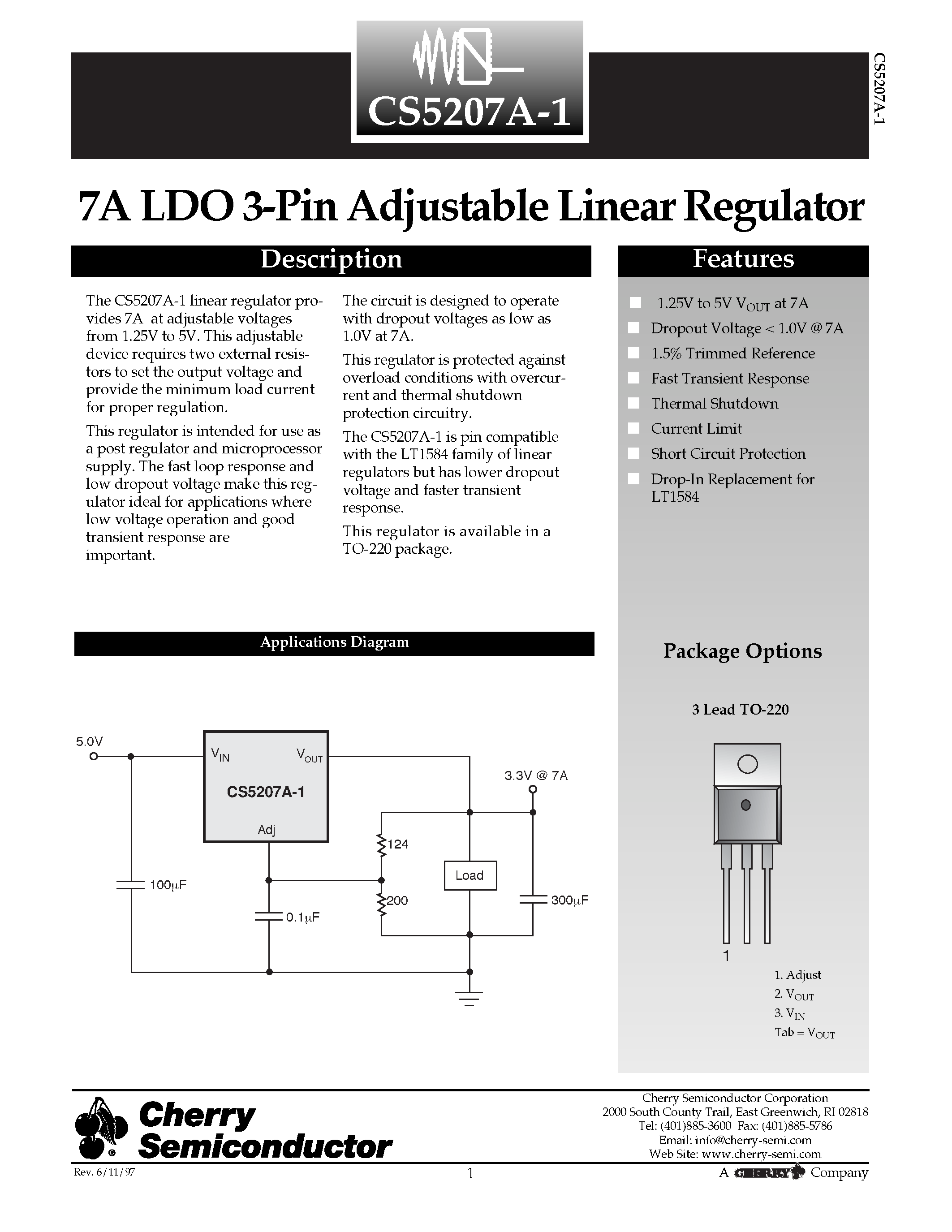 Даташит CS5207A-1 - 7A LDO 3-Pin Adjustable Linear Regulator страница 1
