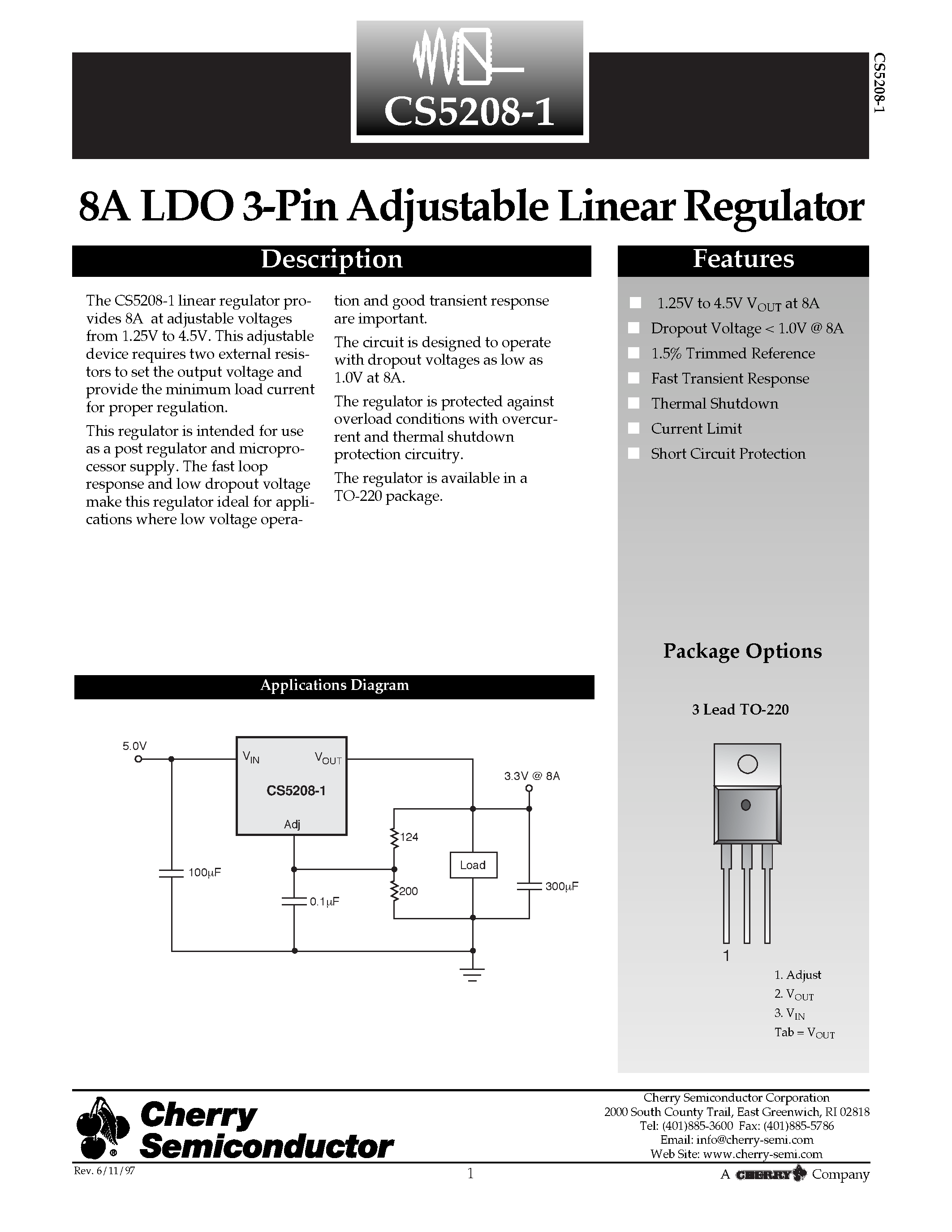 Даташит CS5208-1 - 8A LDO 3-Pin Adjustable Linear Regulator страница 1
