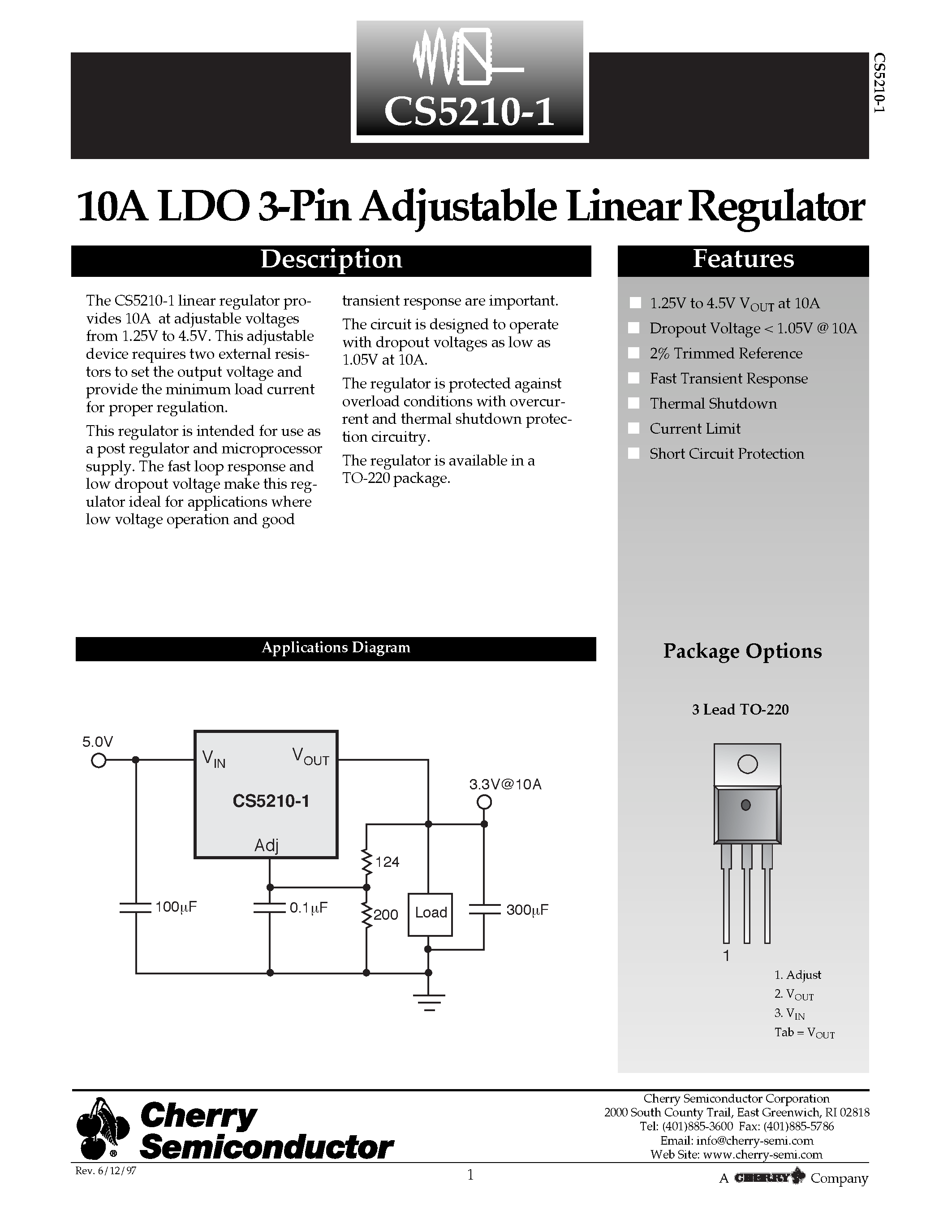 Даташит CS5210-1 - 10A LDO 3-Pin Adjustable Linear Regulator страница 1