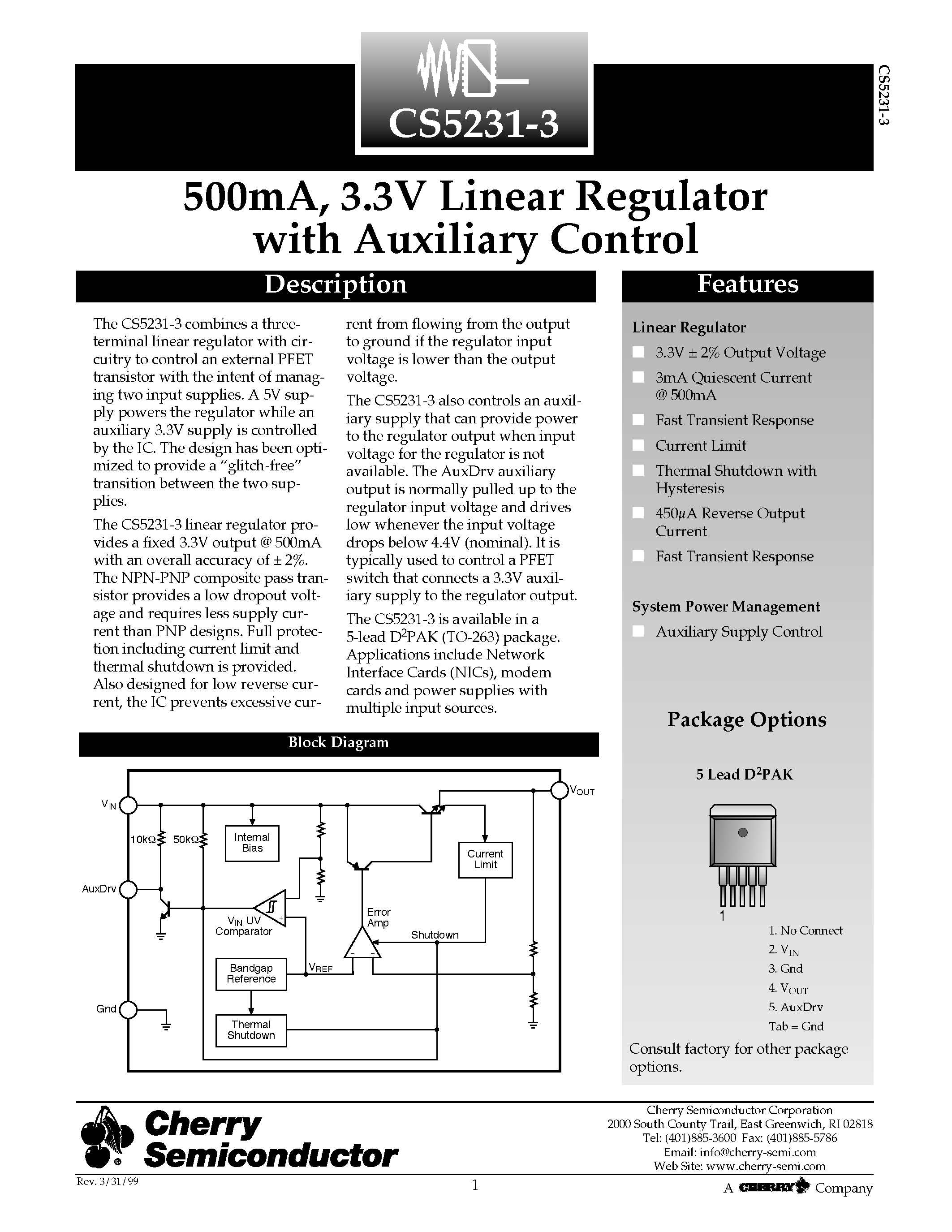 Datasheet CS5231-3GDP5 page 1 Datasheet CS5231-3GDP5 - 500mA/ 3.3V Linear Regulator with Auxiliary Control page 1