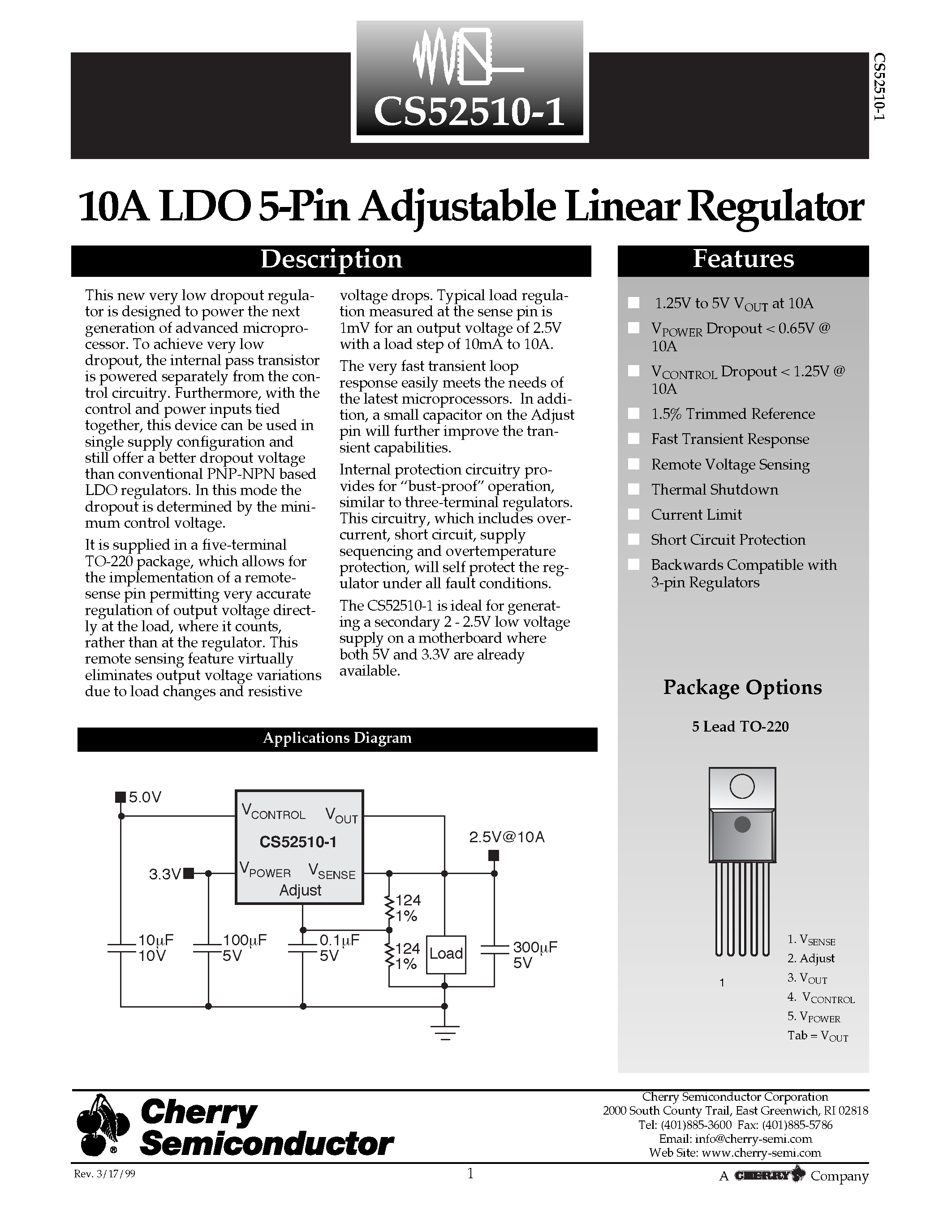 Datasheet CS52510-1 - 10A LDO 5-Pin Adjustable Linear Regulator page 1