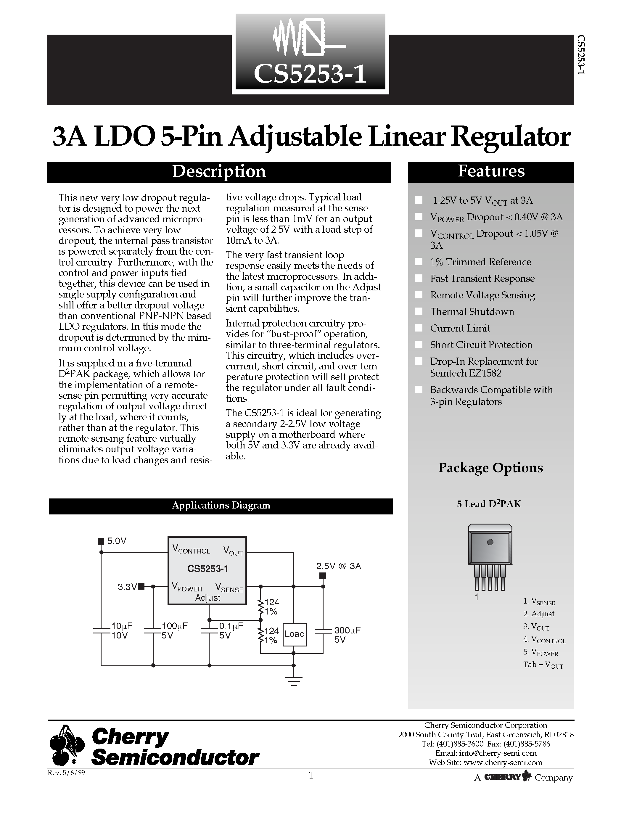 Datasheet CS5253-1GDPR5 - 3A LDO 5-Pin Adjustable Linear Regulator page 1