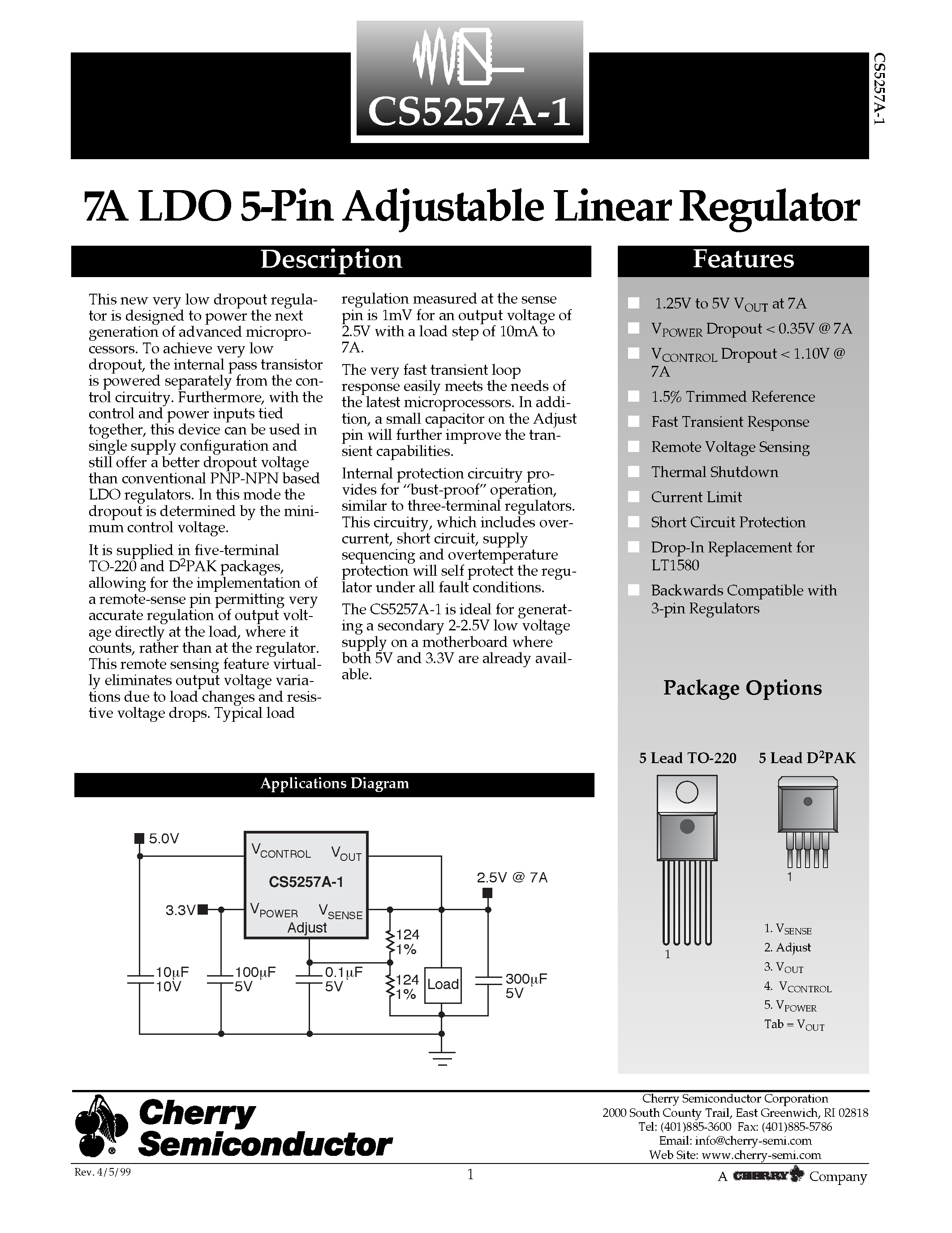 Datasheet CS5257A-1GDP5 - 7A LDO 5-Pin Adjustable Linear Regulator page 1