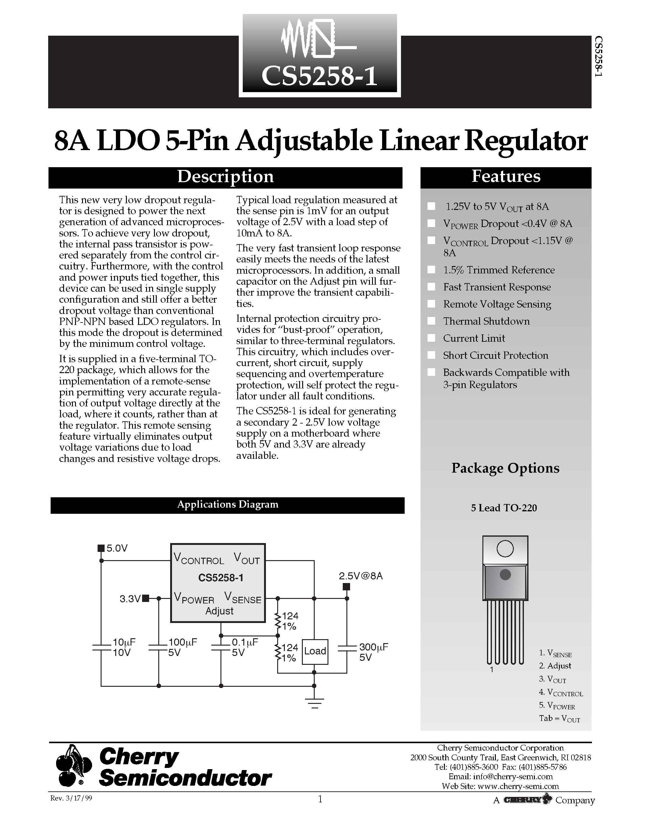 Datasheet CS5258-1 - 8A LDO 5-Pin Adjustable Linear Regulator page 1