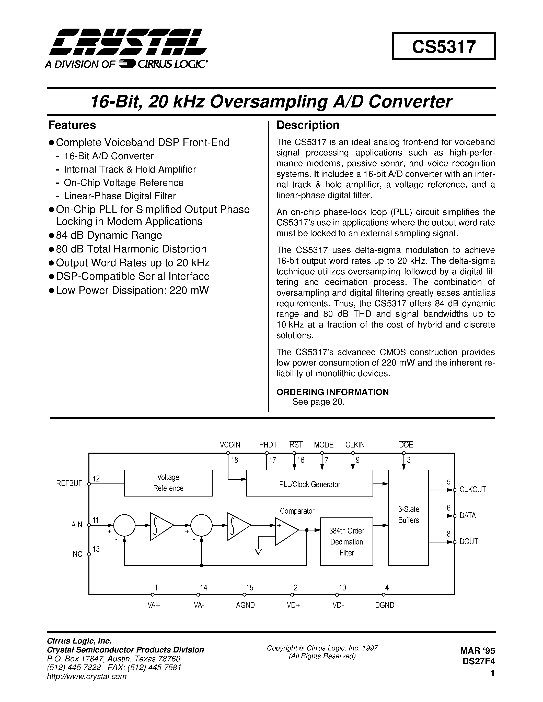 Даташит на микросхему CS5317-KP страница 1 Даташит CS5317-KP - 16-Bit/ 20 kHz Oversampling A/D Converter страница 1