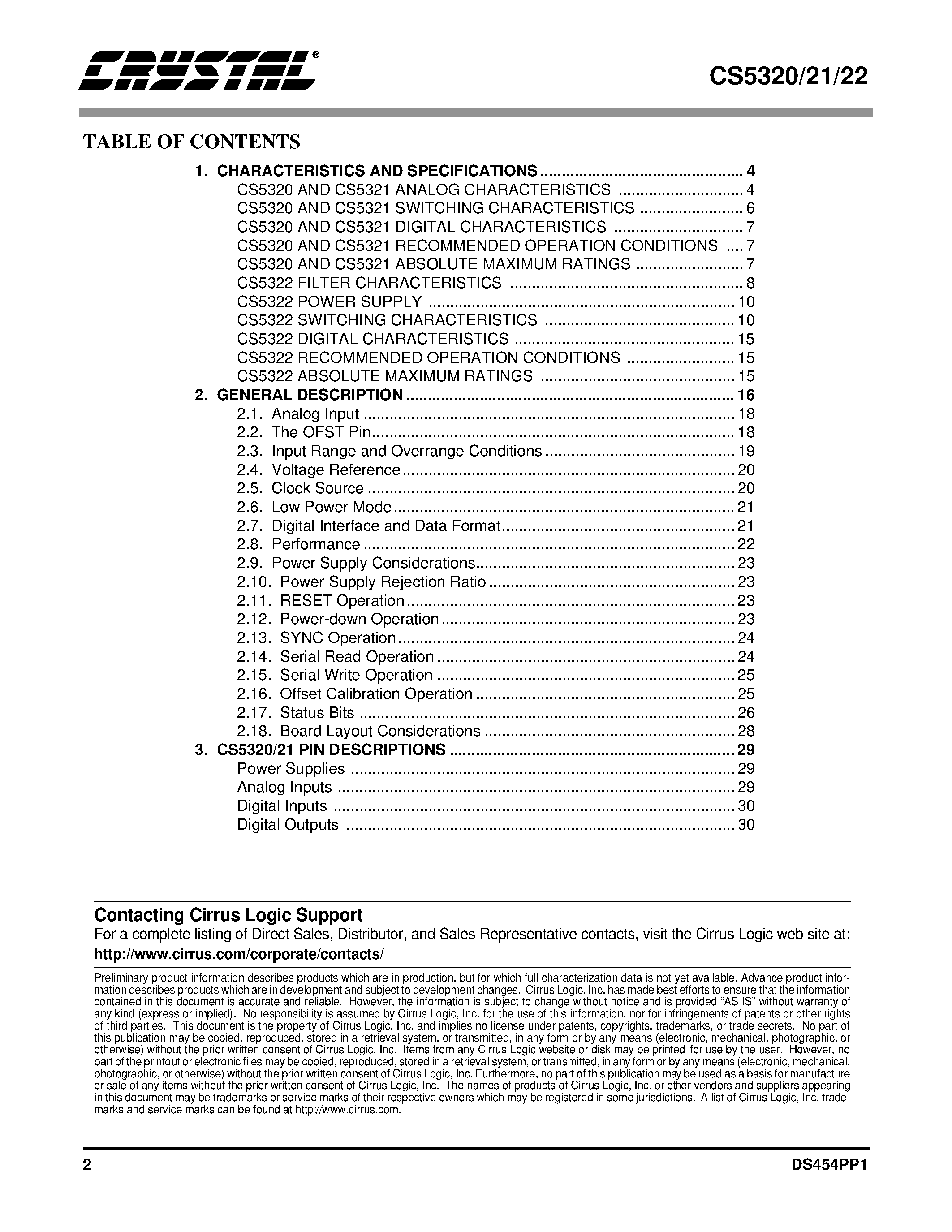 Даташит CS5320 - 24-Bit Variable Bandwidth A/D Converter Chipset страница 2
