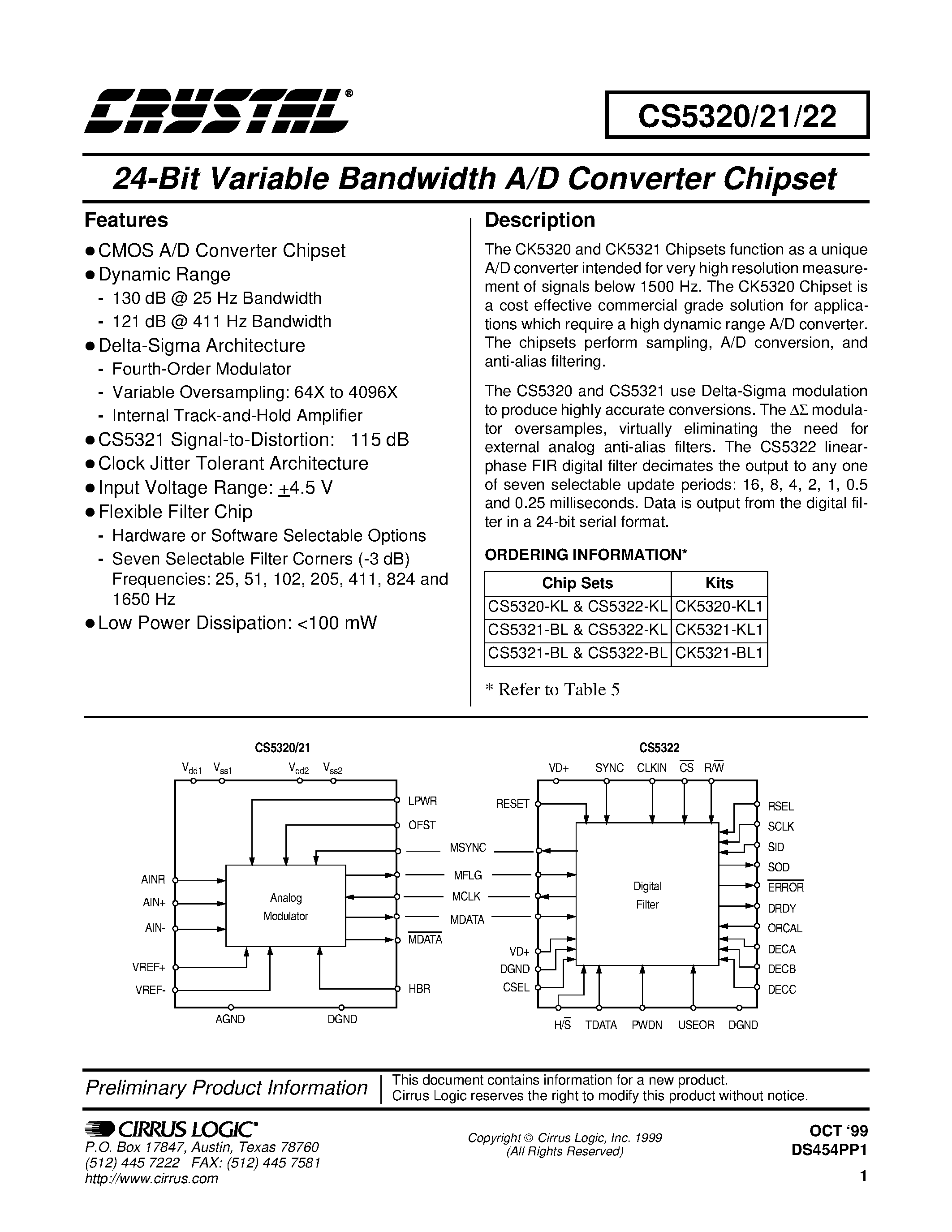 Даташит CS5321-BL1 - 24-Bit Variable Bandwidth A/D Converter Chipset страница 1