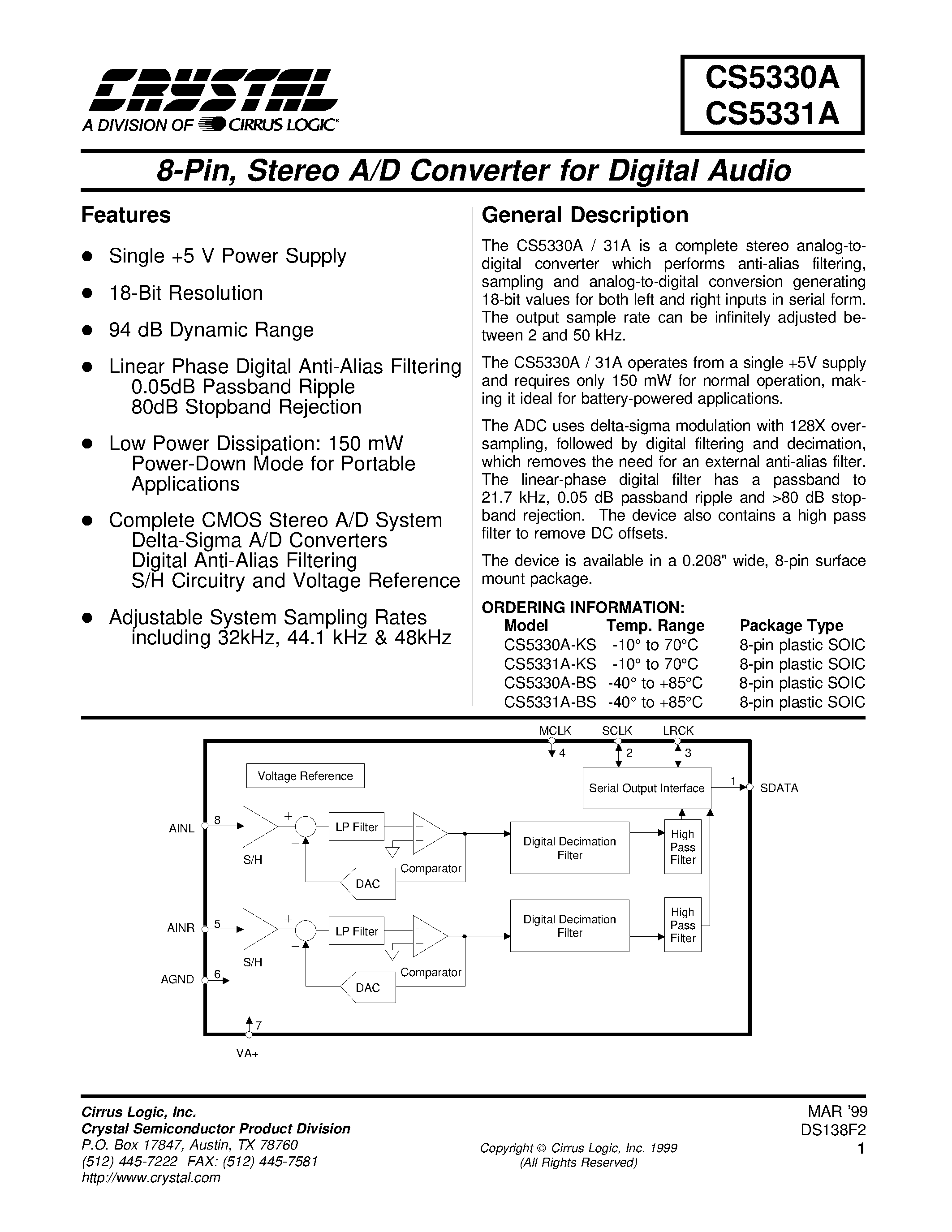 Даташит на микросхему CS5331A страница 1 Даташит CS5331A - 8-Pin/ Stereo A/D Converter for Digital Audio страница 1