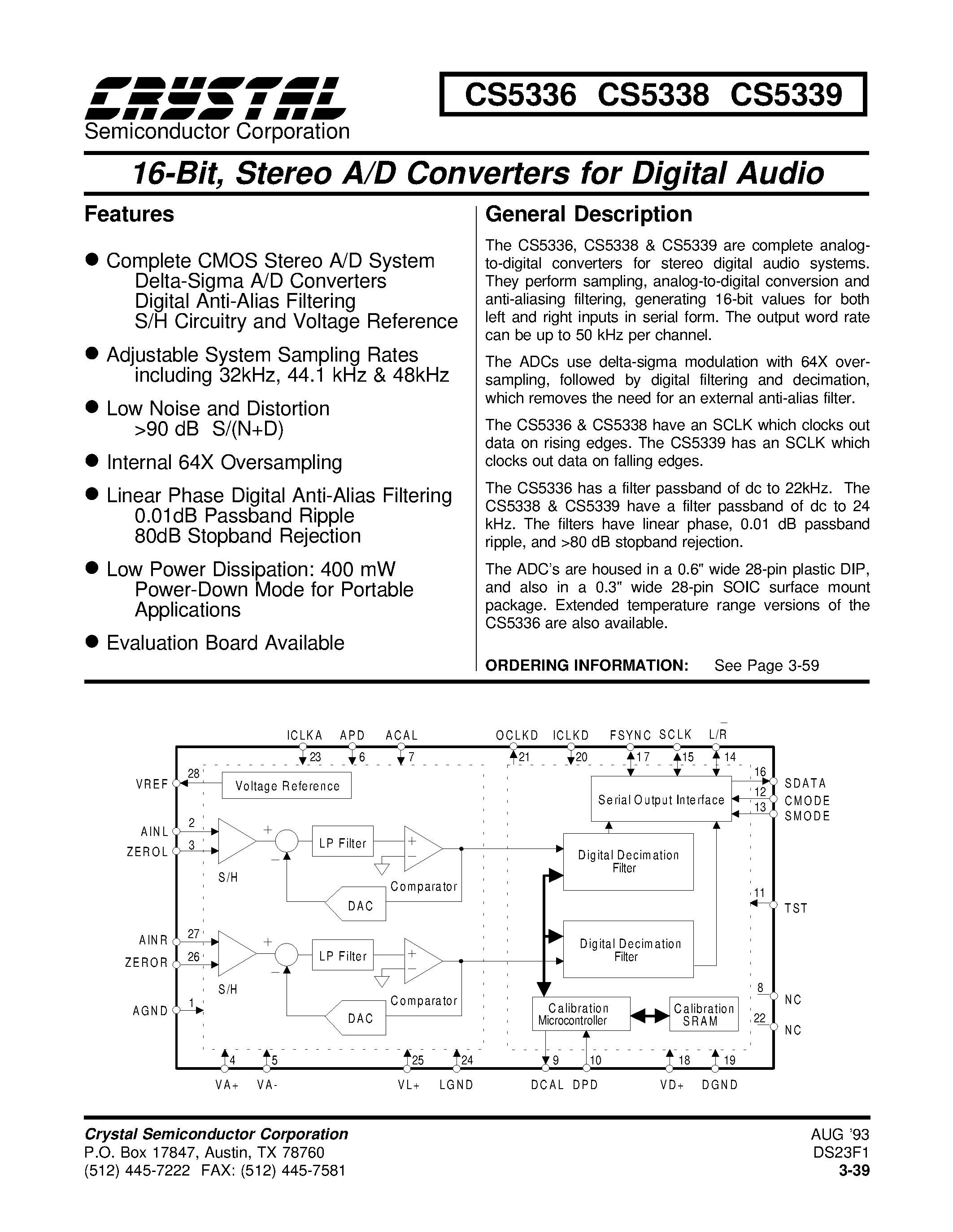 Даташит CS5336-KP - 16-Bit/ Stereo A/D Converters for Digital Audio страница 1