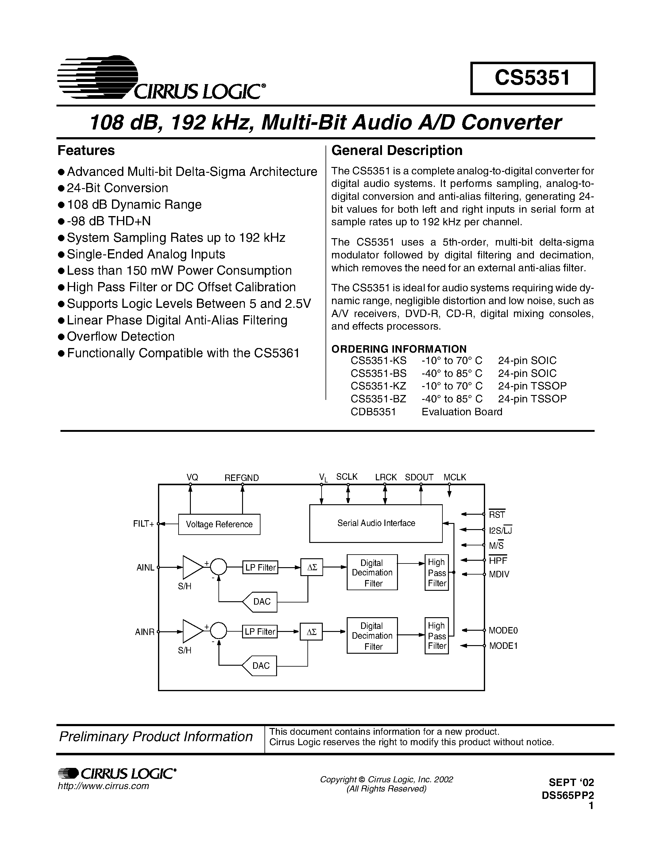 Даташит CS5351-KS - 108 dB/ 192 kHz/ Multi-Bit Audio A/D Converter страница 1