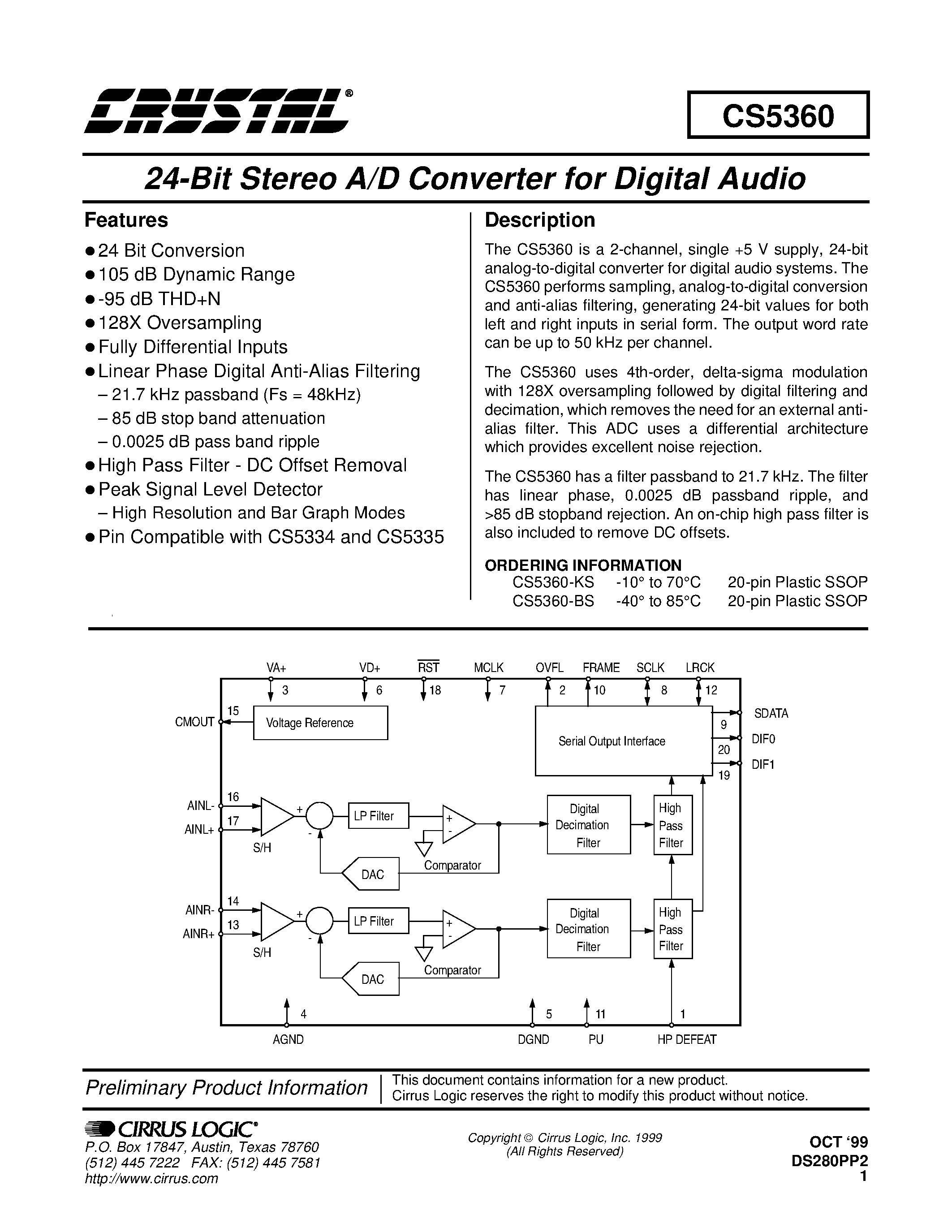 Даташит CS5360-KS - 24-Bit Stereo A/D Converter for Digital Audio страница 1