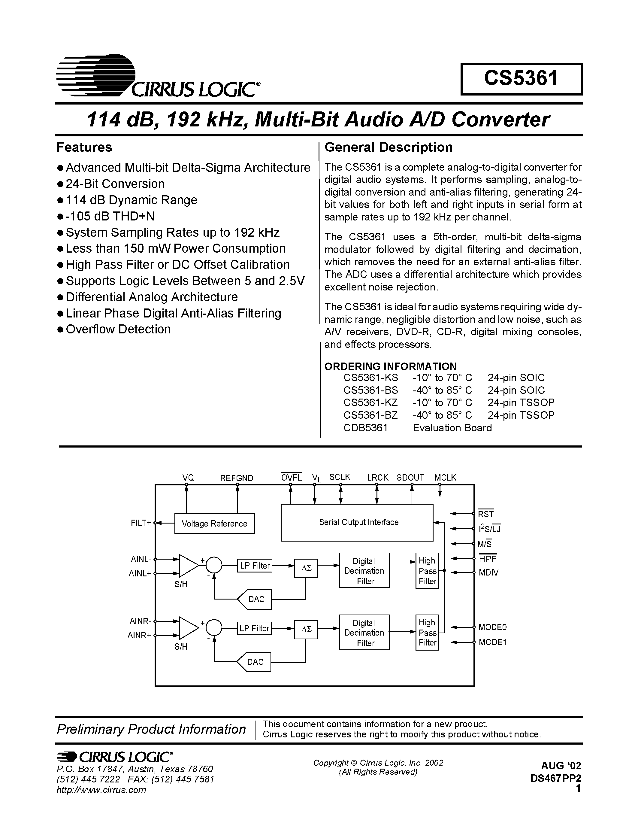 Даташит на микросхему CS5361 страница 1 Даташит CS5361 - 111 dB/ 192 kHz/ Multi-Bit Audio A/D Converter страница 1