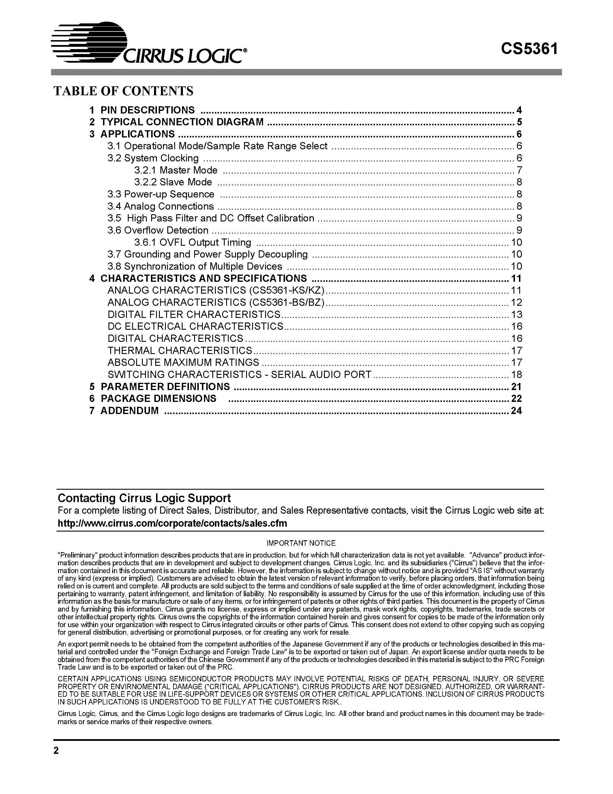 Даташит на микросхему CS5361 страница 2 Даташит CS5361 - 111 dB/ 192 kHz/ Multi-Bit Audio A/D Converter страница 2