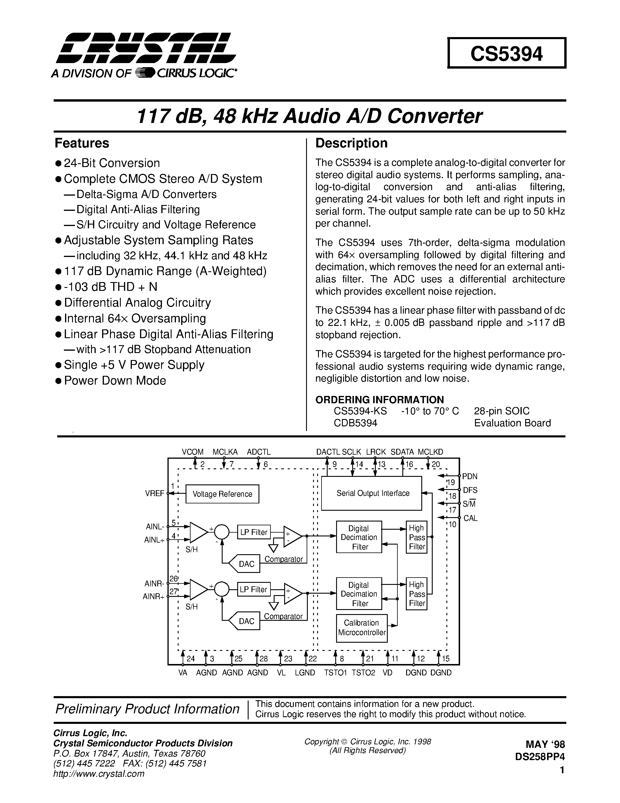Даташит CS5394 - 117 DB 48KHZ AUDIO A/D CONVERTER страница 1