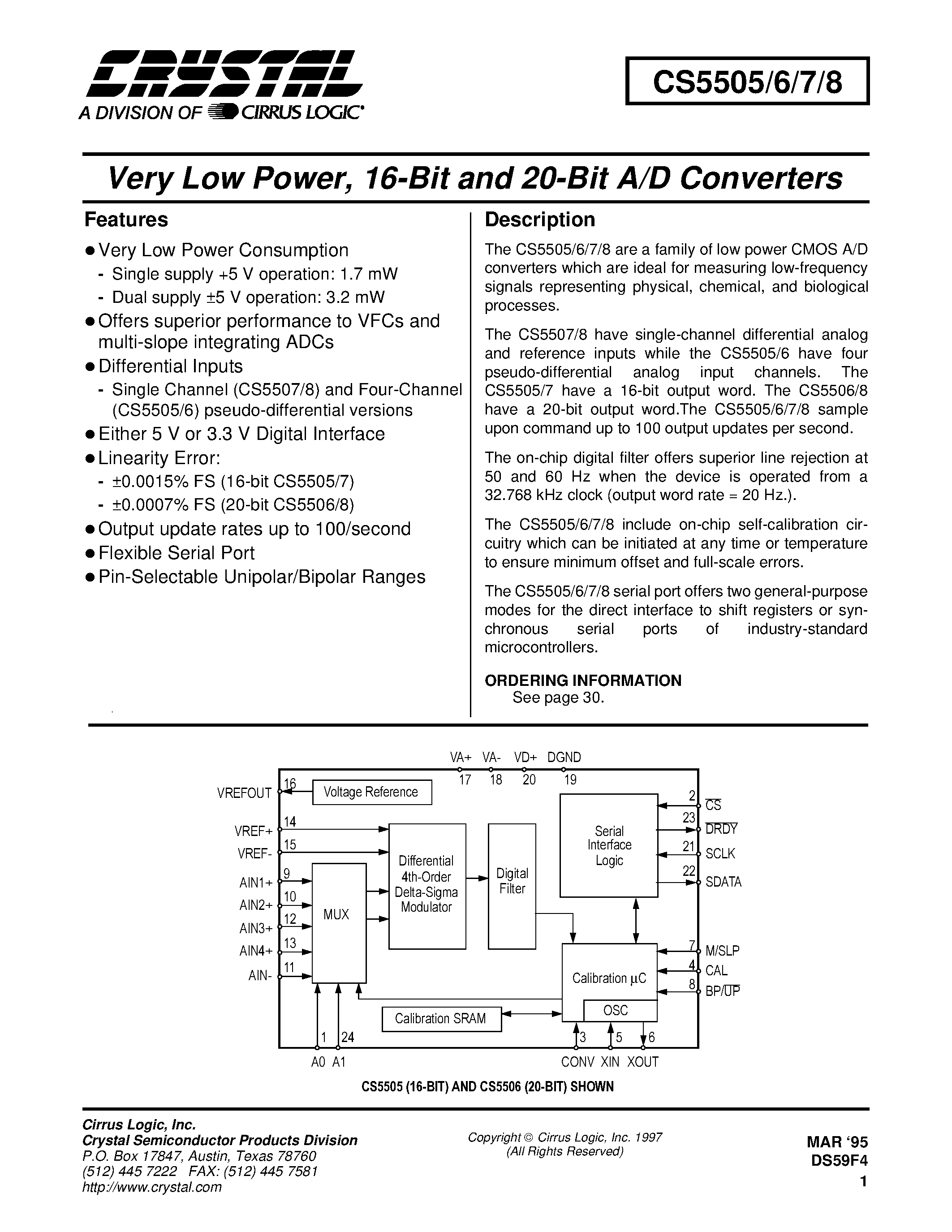 Даташит CS5507 - VERY LOW POWER 16BIT AND 20 BIT A/D CONVERTERS страница 1