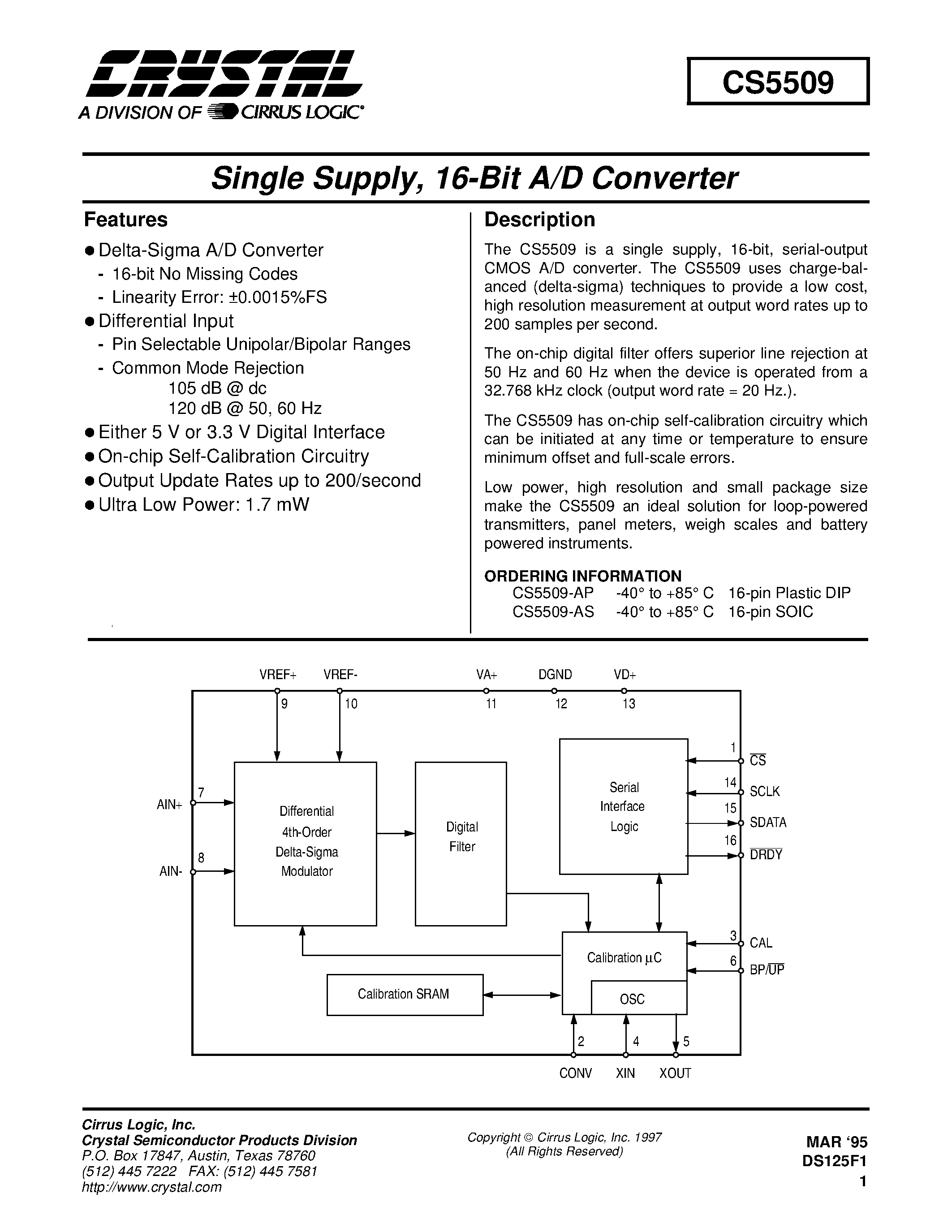 Даташит на микросхему CS5509 страница 1 Даташит CS5509 - SINGLE SUPPLY 16BIT A/D CONVERTER страница 1