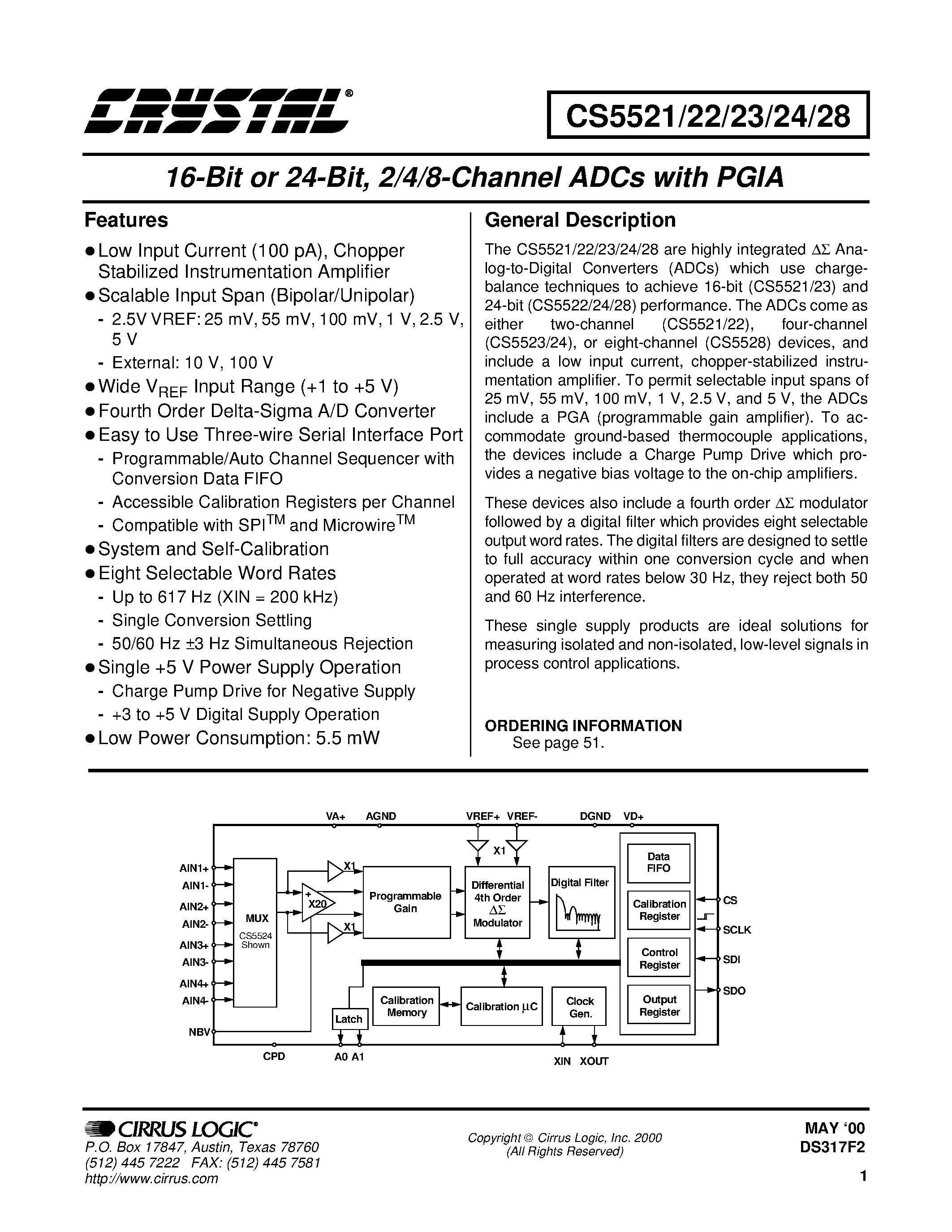 Даташит CS5523-AP - 16 BIT OR 24 BIT 2/4/8 CHANNEL ADCS WITH PGIA страница 1