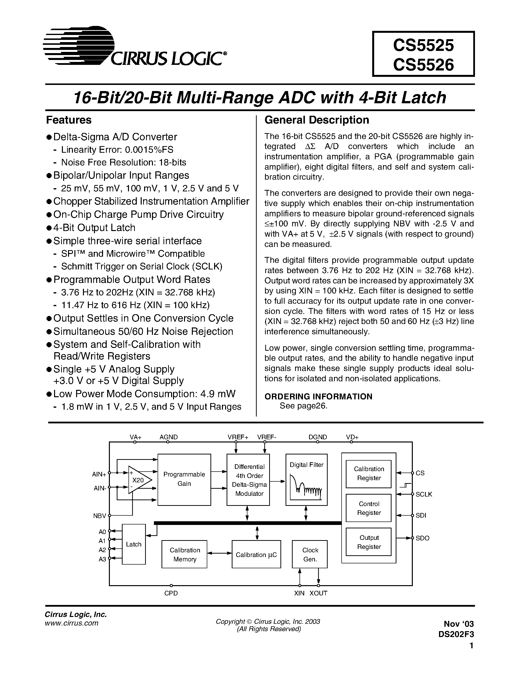 Datasheet CS5525-AS - 16 BIT / 20 BIT MULTI RANGE ADC WITH 4 BIT LATCH page 1