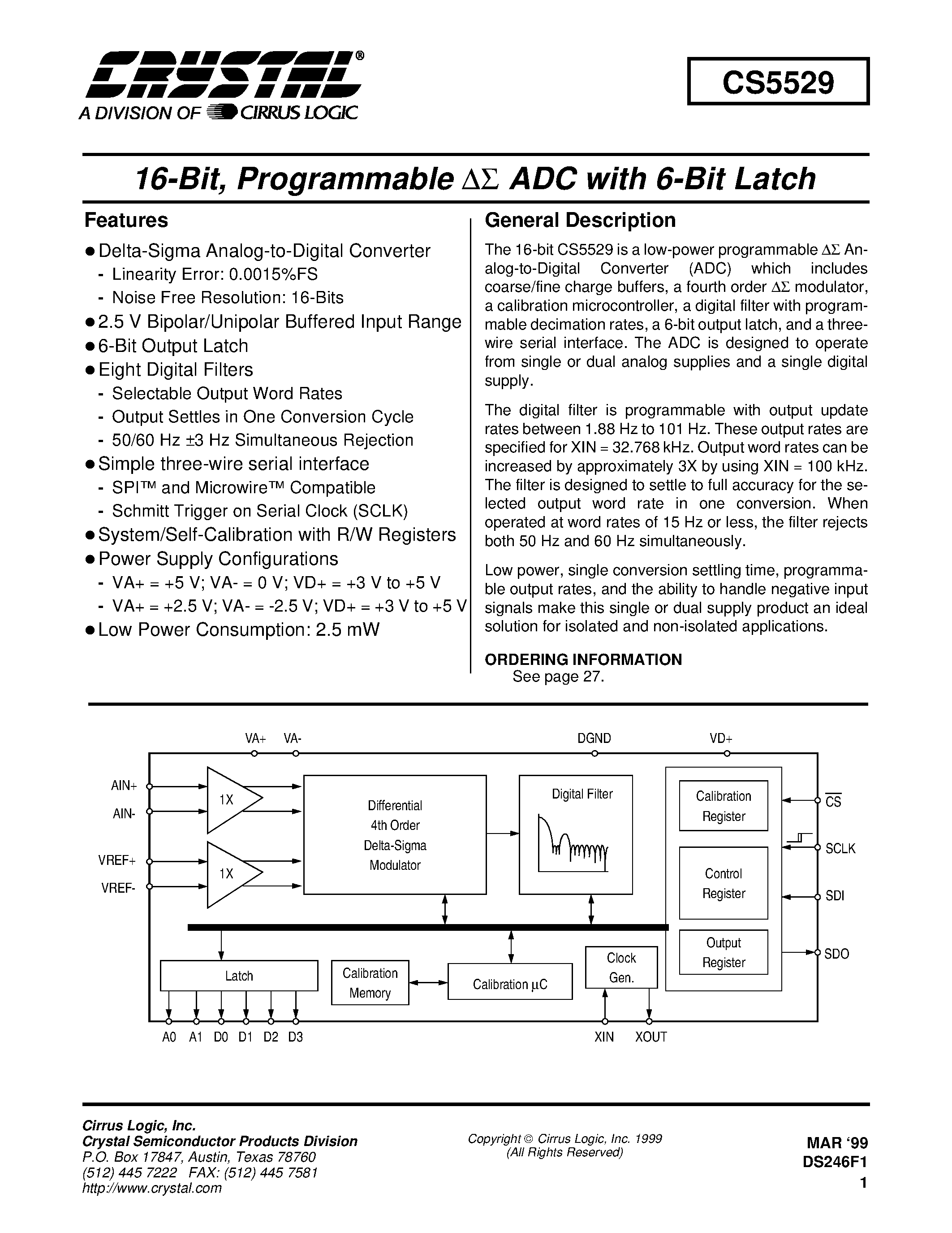 Datasheet CS5529-AS - 16 BIT PROGRAMMABLE ADC WITH 6 BIT LATCH page 1