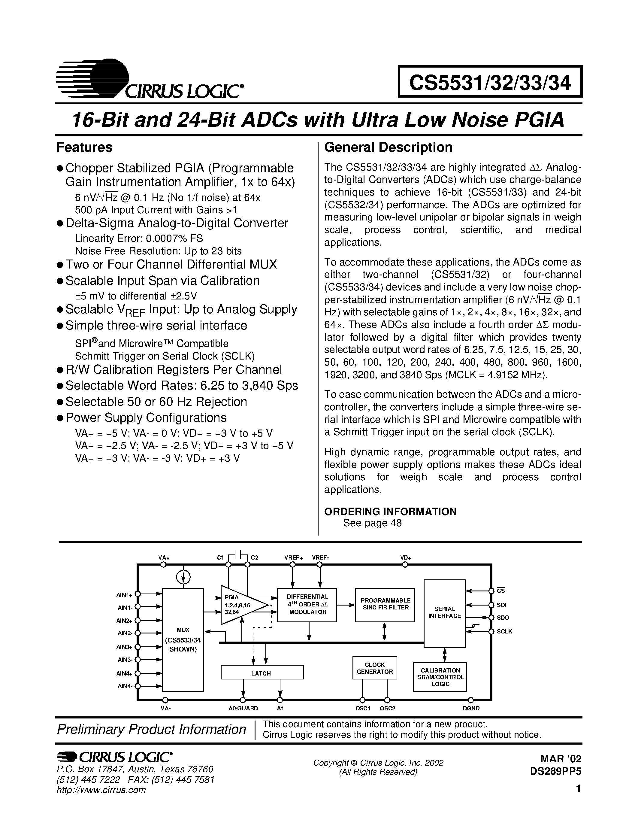 Даташит CS5532 - 16 BIT AND 24 BIT ADCS WITH ULTRA LOW NOISE PGIA страница 1