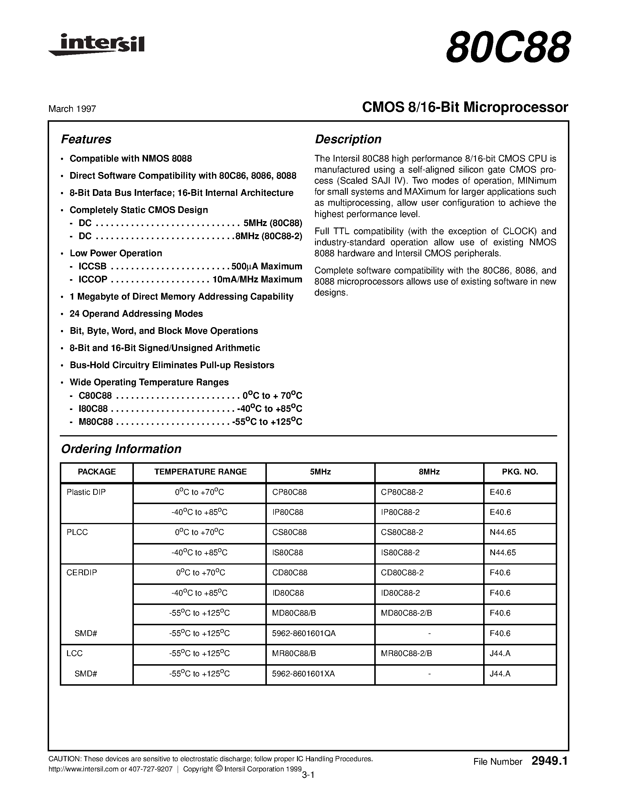 Datasheet CS80C88 - CMOS 8/16-Bit Microprocessor page 1