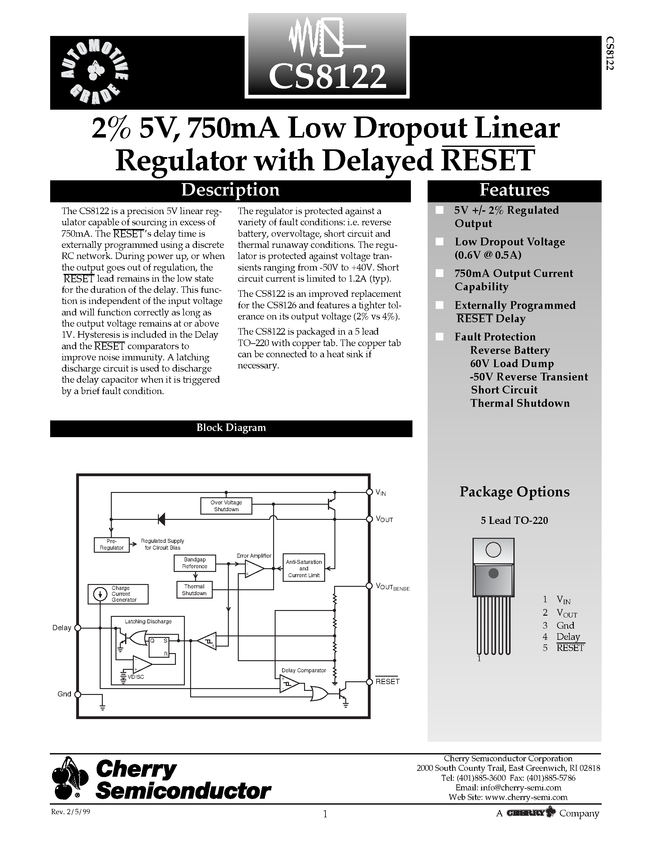 Даташит на микросхему CS8122 страница 1 Даташит CS8122 - 2% 5V/ 750mA Low Dropout Linear Regulator with Delayed RESET страница 1