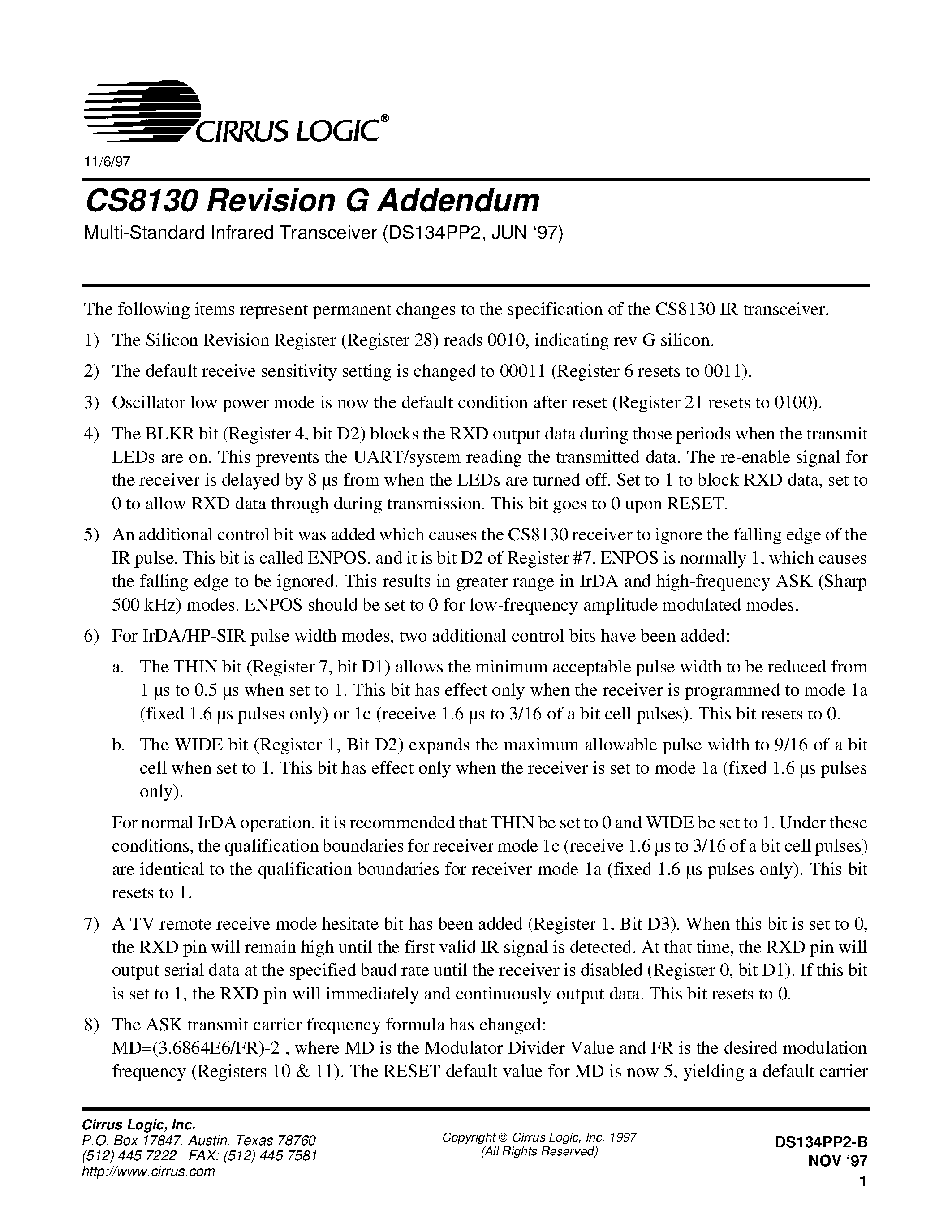 Даташит CS8130 - MULTI STANDARD INFRARED TRANSCEIVER страница 1