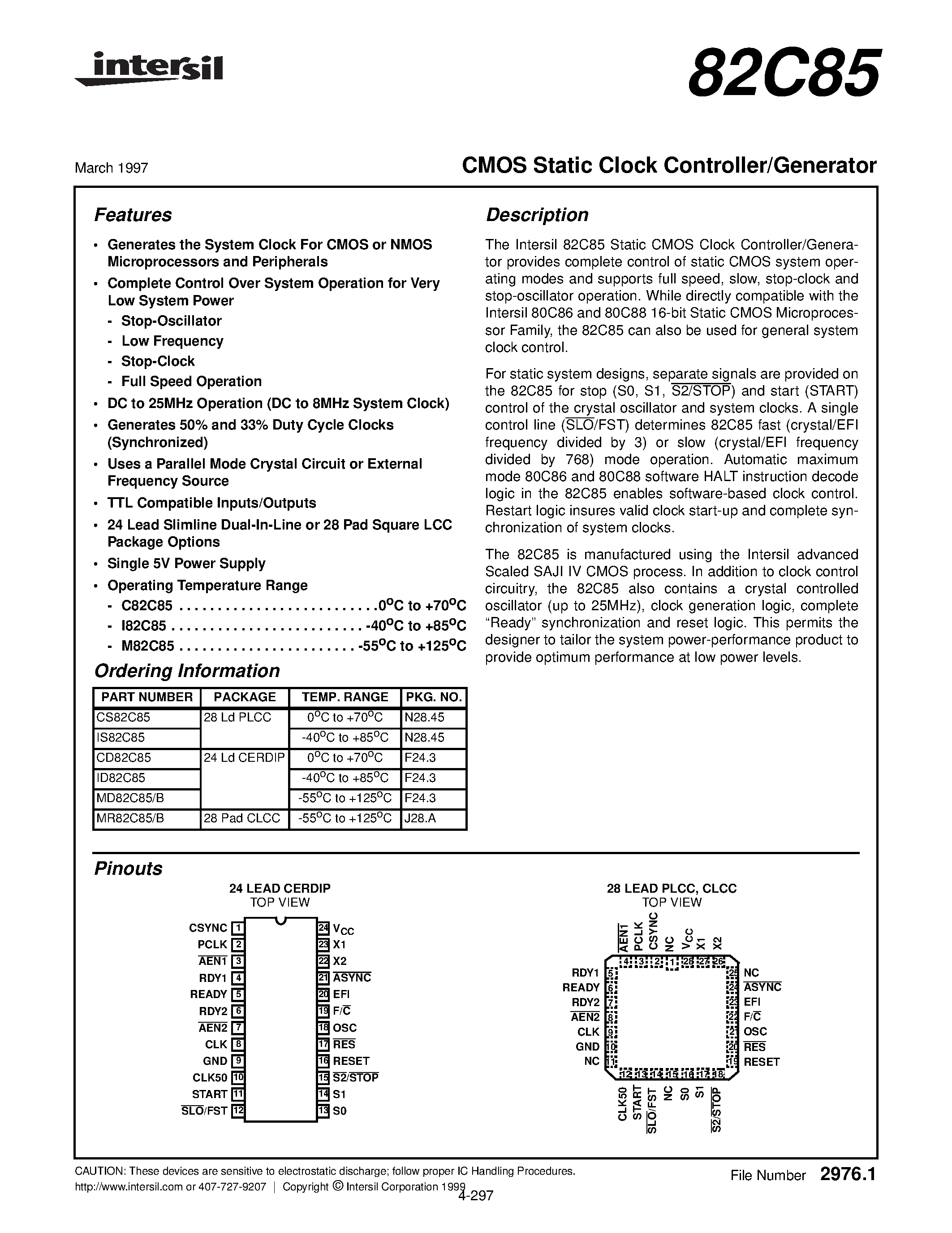 Даташит на микросхему CS82C85 страница 1 Даташит CS82C85 - CMOS Static Clock Controller/Generator страница 1