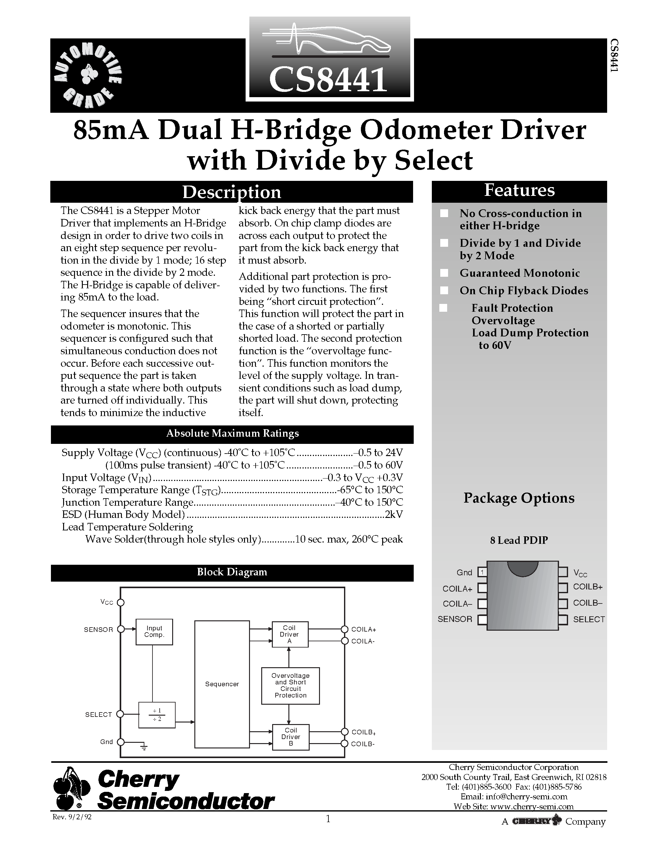 Datasheet CS8441 - 85mA Dual H-Bridge Odometer Driver with Divide by Select page 1