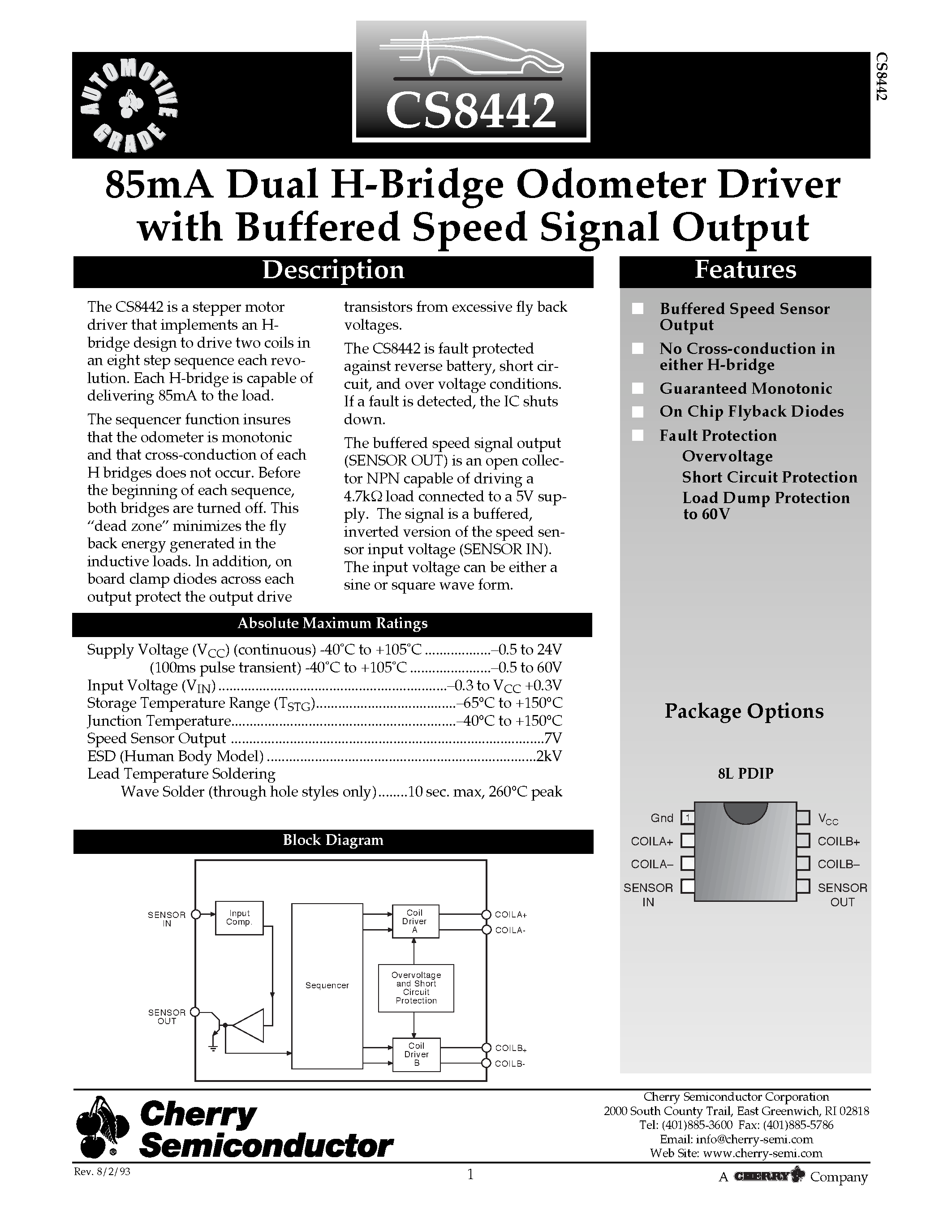 Datasheet CS8442 page 1 Datasheet CS8442 - 85mA Dual H-Bridge Odometer Driver with Buffered Speed Signal Output page 1