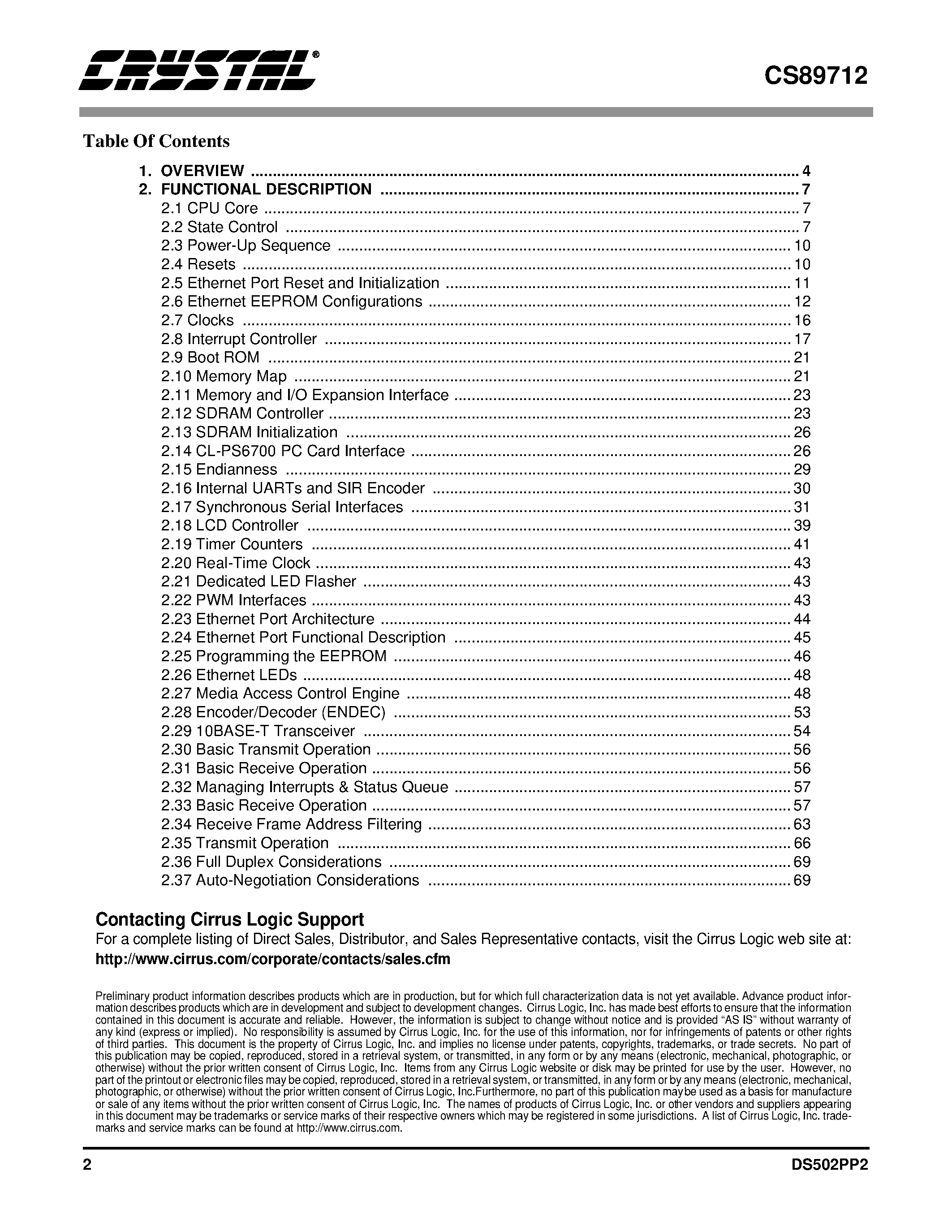 Datasheet CS89712-CB page 2 Datasheet CS89712-CB - HIGH-PERFORMANCE/ LOW-POWER SYSTEM-ON-CHIP WITH 10BASE-T ETHERNET CONTROLLER page 2