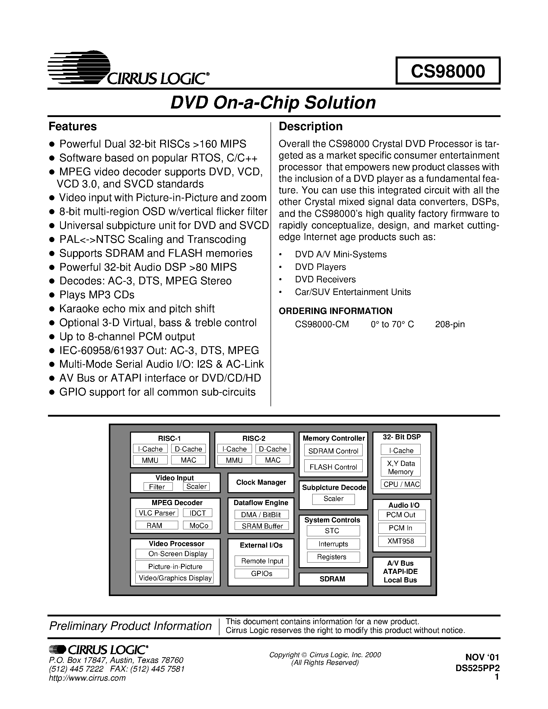 Datasheet CS98000 - DVD On-a-Chip Solution page 1