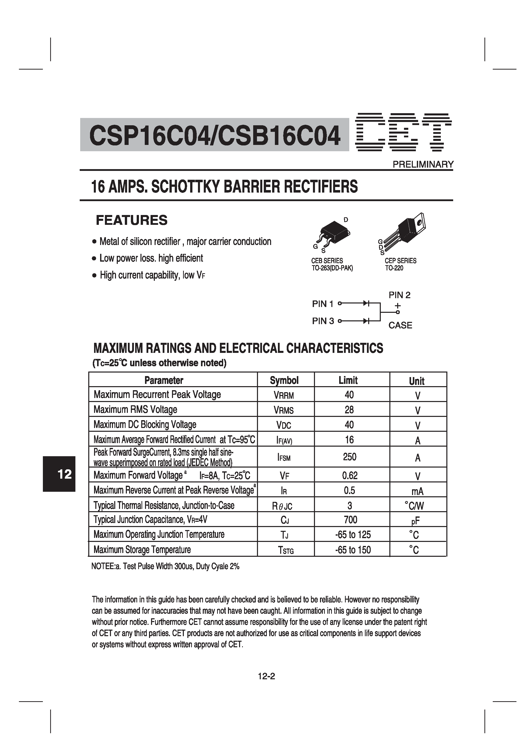 Datasheet CSB16C04 page 1 Datasheet CSB16C04 - 16 AMPS. SCHOTTKY BARRIER RECTIFIERS page 1