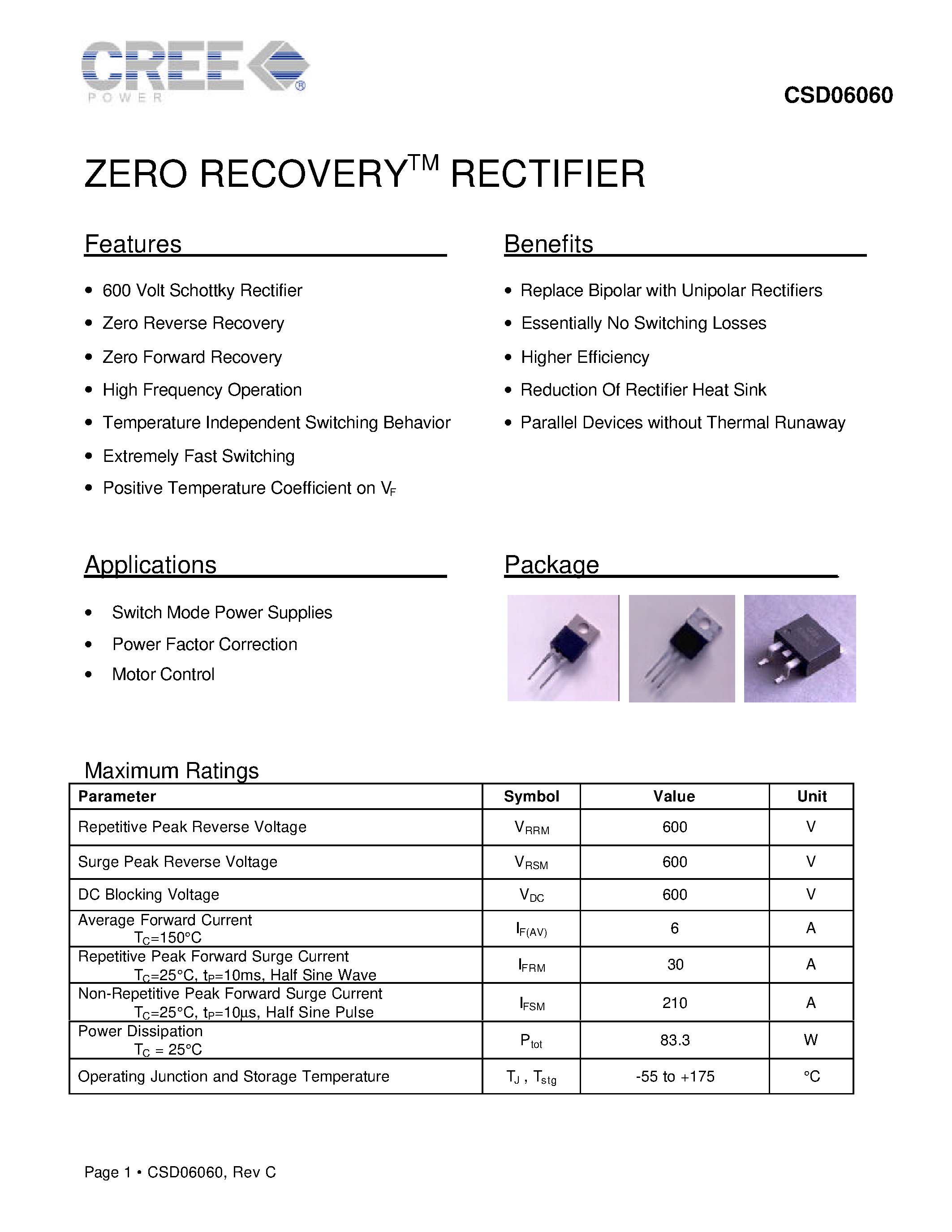 Datasheet CSD06060 - ZERO RECOVERY RECTIFIER page 1