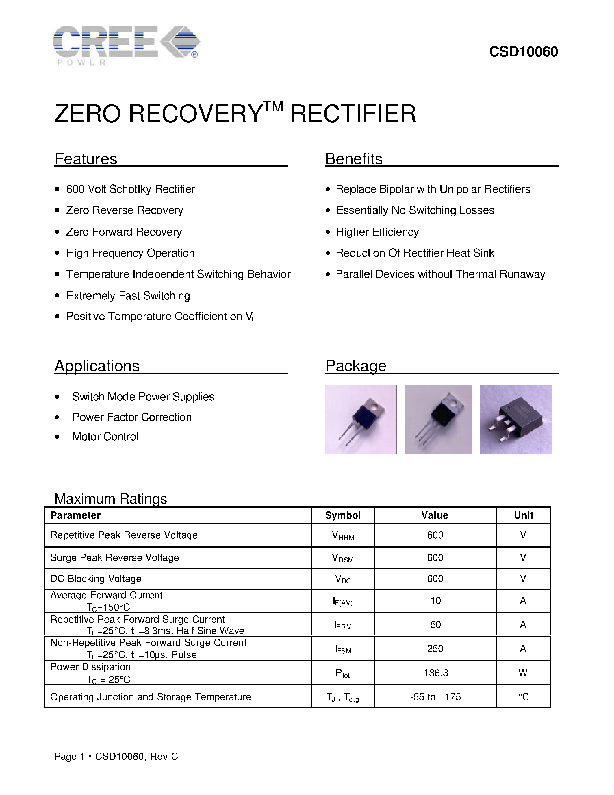 Datasheet CSD10060 page 1 Datasheet CSD10060 - ZERO RECOVERY RECTIFIER page 1