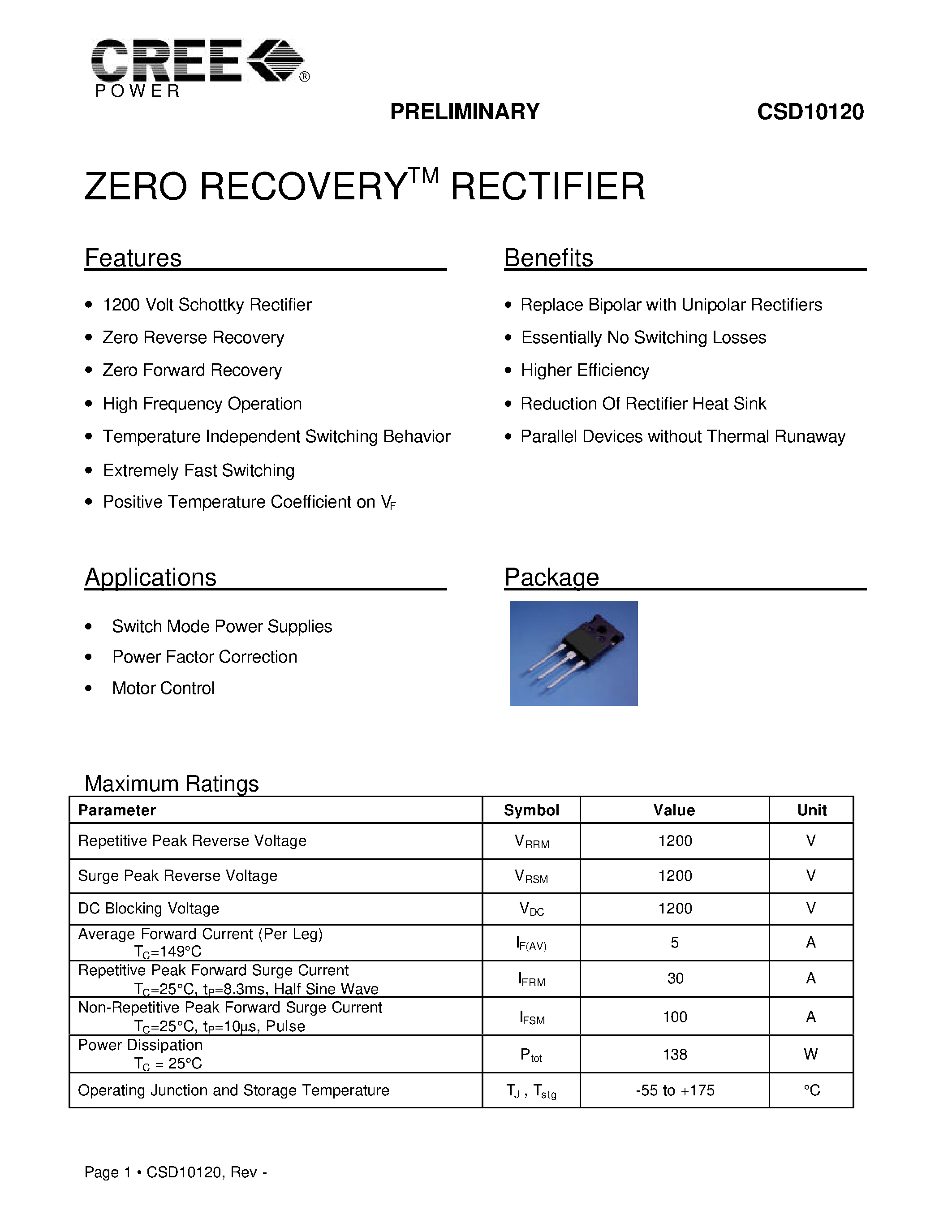 Datasheet CSD10120 - ZERO RECOVERY RECTIFIER page 1