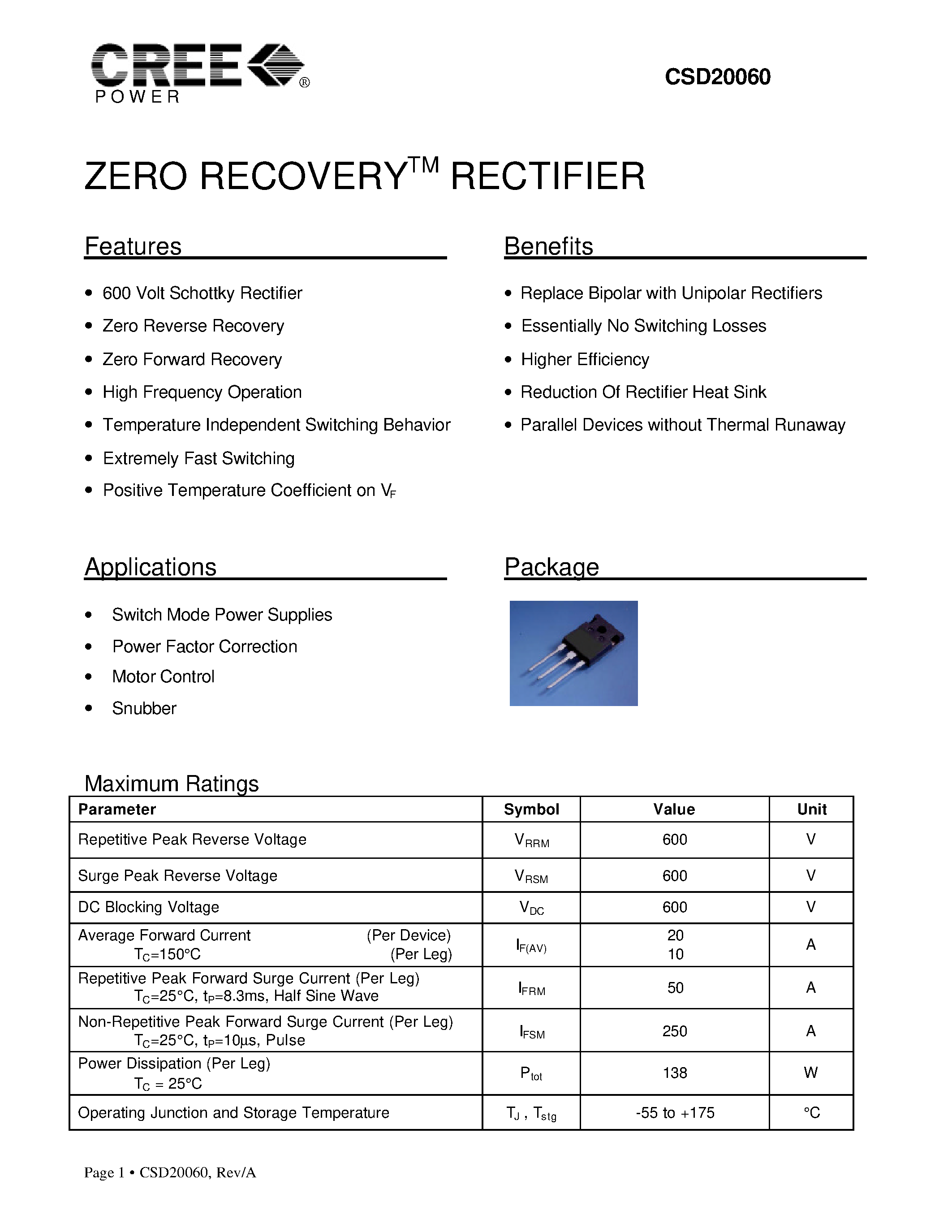 Datasheet CSD20060D page 1 Datasheet CSD20060D - ZERO RECOVERY RECTIFIER page 1