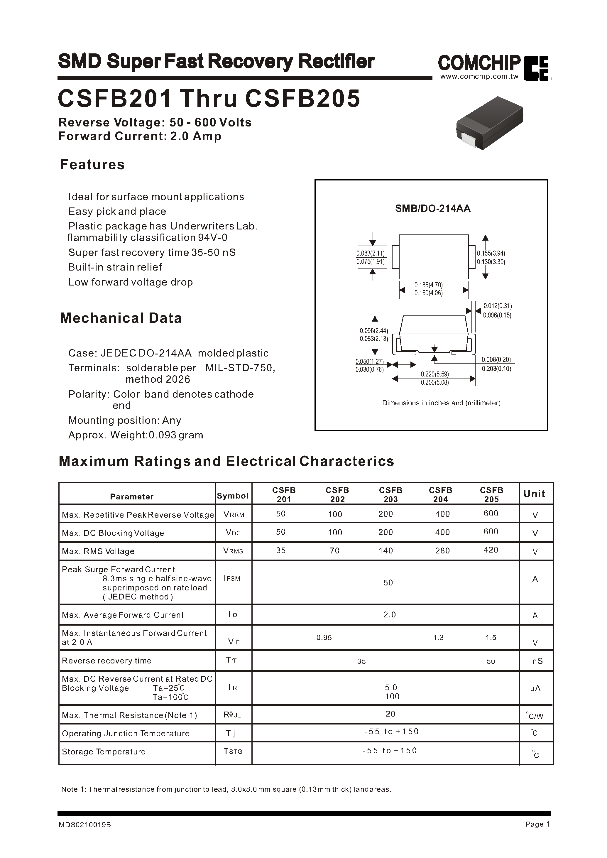 Datasheet CSFB201 page 1 Datasheet CSFB201 - SMD Super Fast Recovery Rectifier page 1