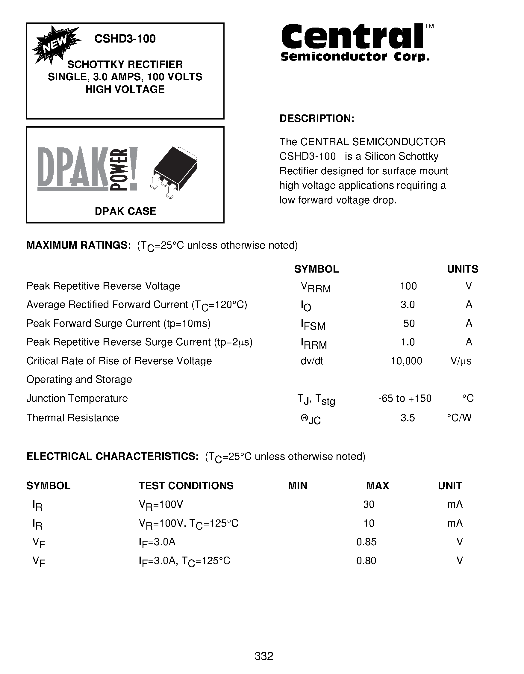 Datasheet CSHD3-100 page 1 Datasheet CSHD3-100 - SCHOTTKY RECTIFIER SINGLE/ 3.0 AMPS/ 100 VOLTS HIGH VOLTAGE page 1
