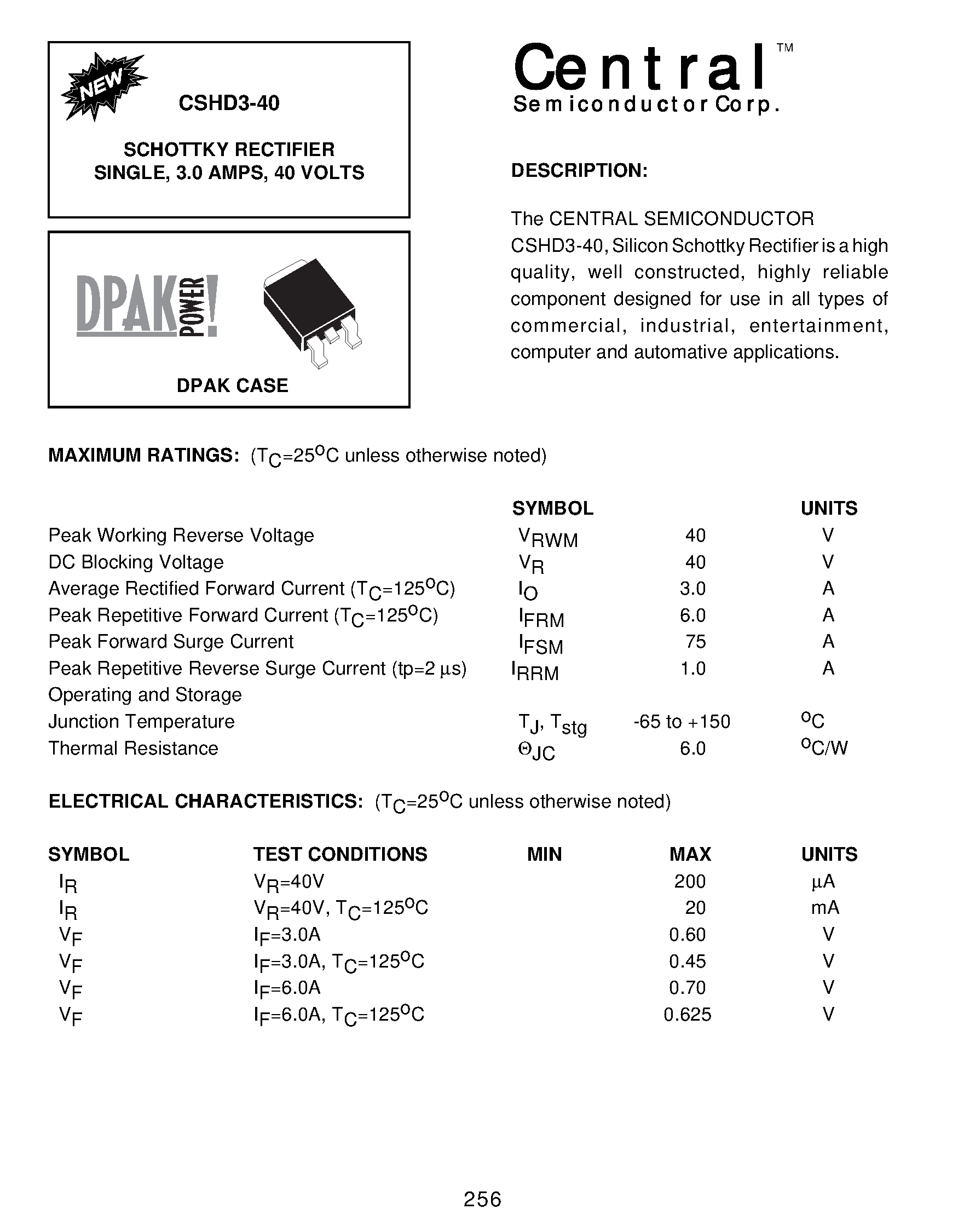 Datasheet CSHD3-40 page 1 Datasheet CSHD3-40 - SCHOTTKY RECTIFIER SINGLE/ 3.0 AMPS/ 40 VOLTS page 1