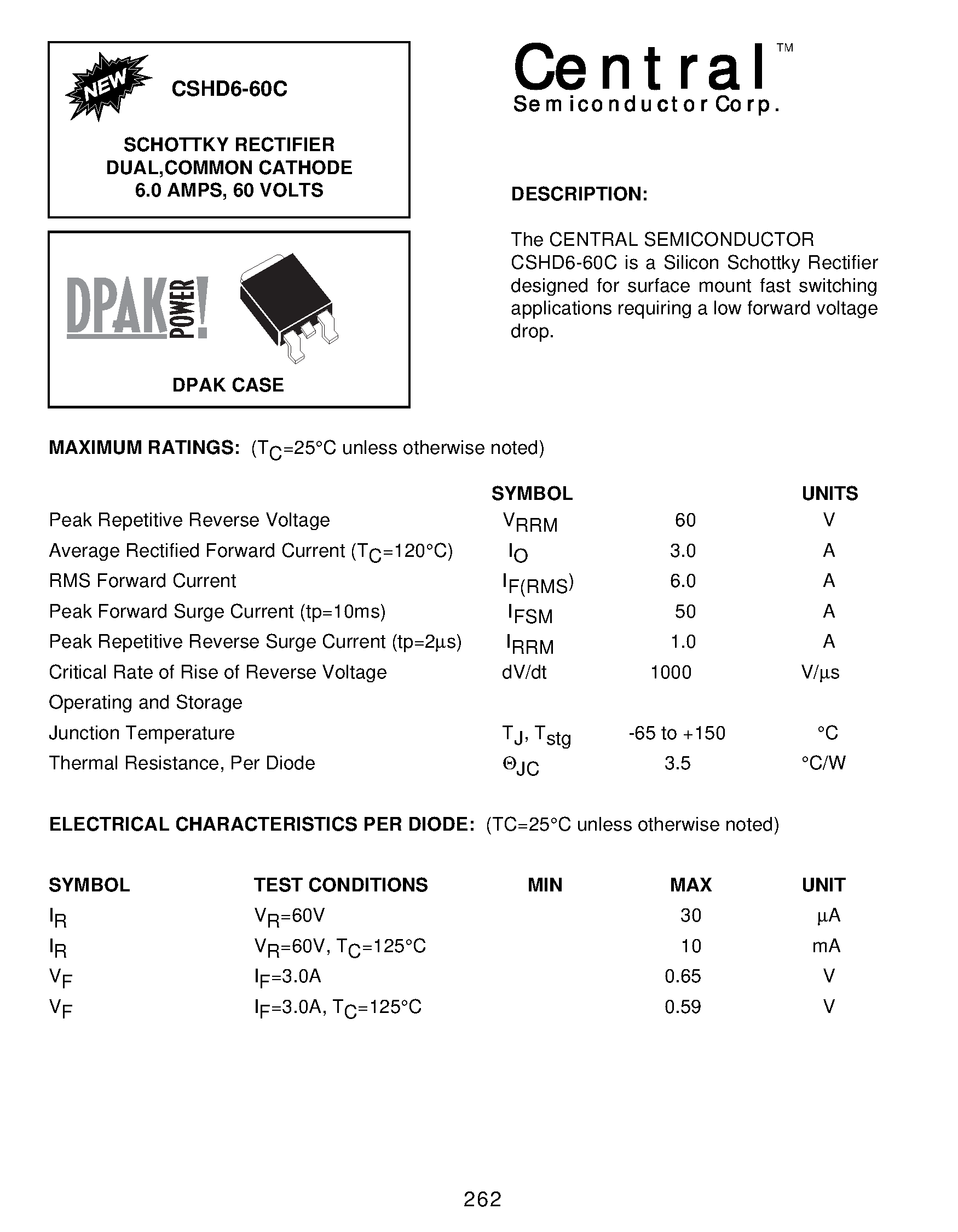 Datasheet CSHD6-60C - SCHOTTKY RECTIFIER DUAL/COMMON CATHODE 6.0 AMPS/ 60 VOLTS page 1