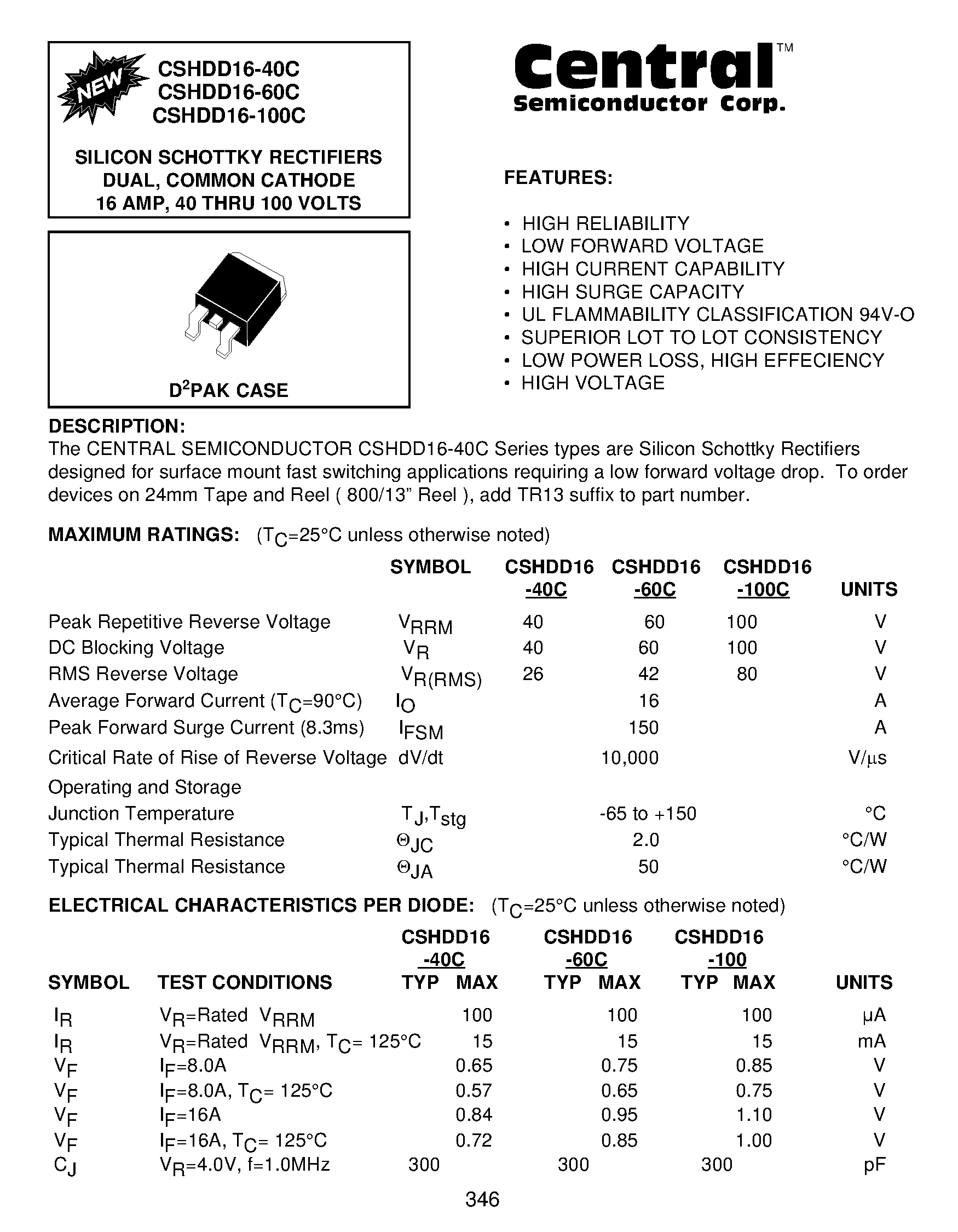 Datasheet CSHDD16-100C - SILICON SCHOTTKY RECTIFIERS DUAL/ COMMON CATHODE 16 AMP/ 40 THRU 100 VOLTS page 1