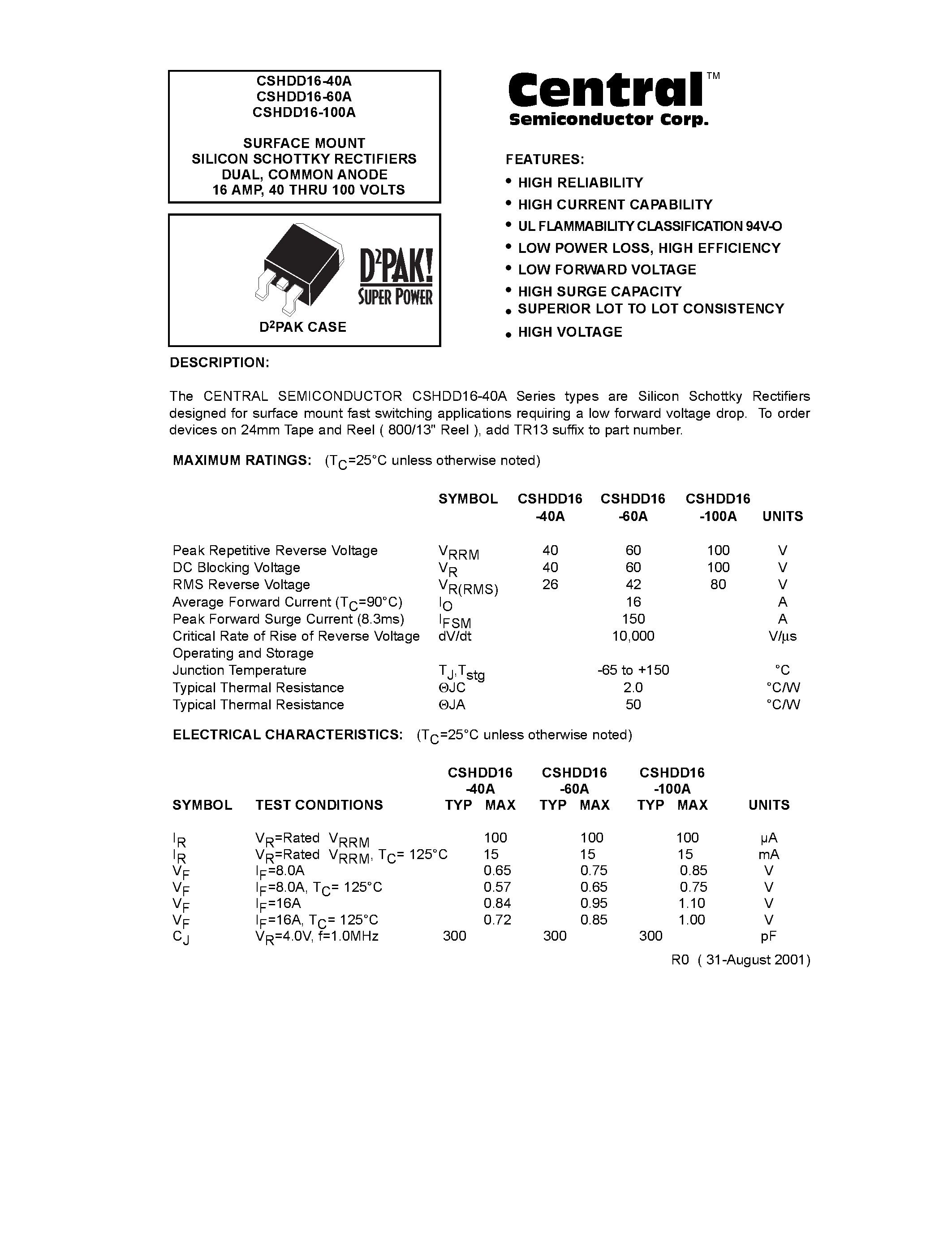Datasheet CSHDD16-40A - SURFACE MOUNT SILICON SCHOTTKY RECTIFIERS DUAL/ COMMON ANODE 16 AMP/ 40 THRU 100 VOLTS page 1