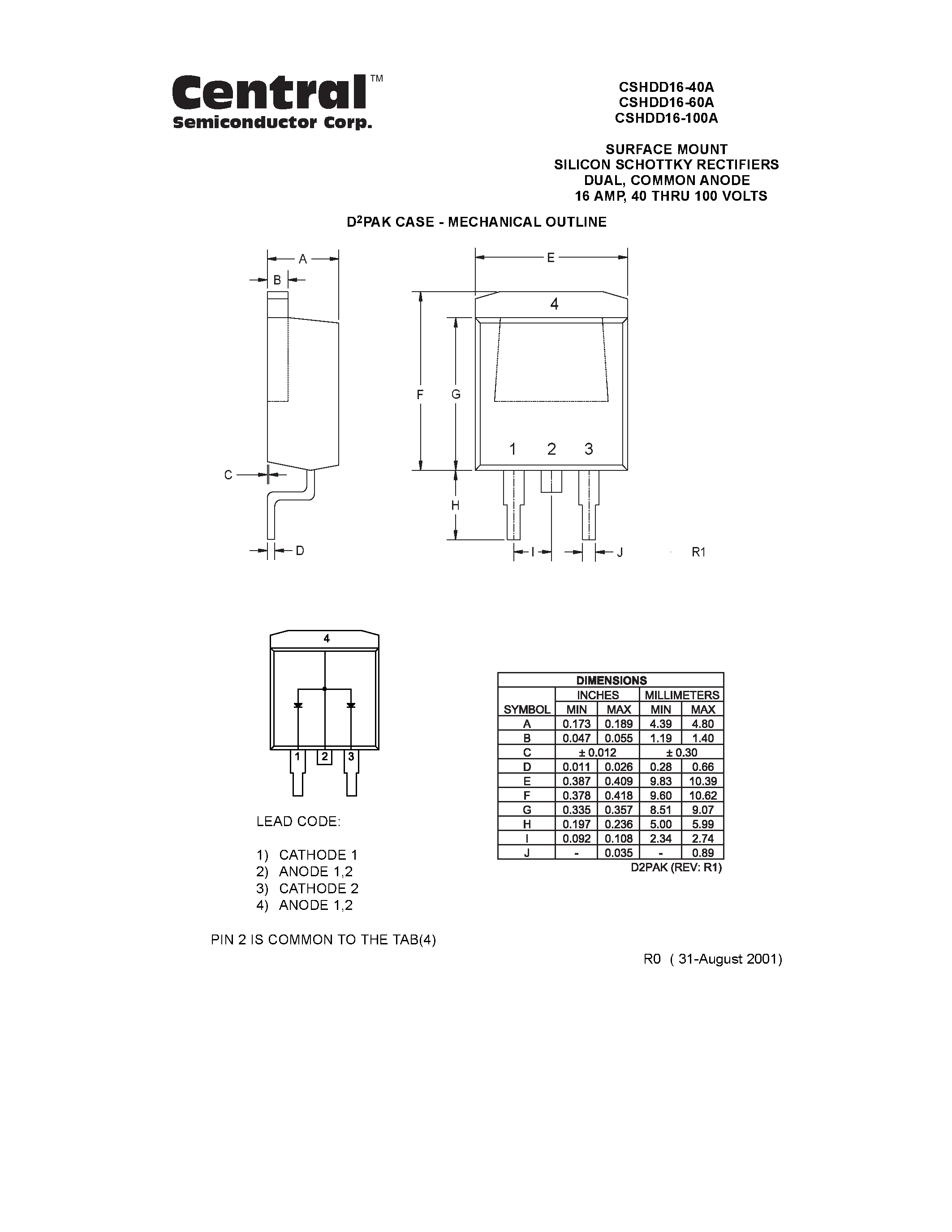 Datasheet CSHDD16-40A - SURFACE MOUNT SILICON SCHOTTKY RECTIFIERS DUAL/ COMMON ANODE 16 AMP/ 40 THRU 100 VOLTS page 2